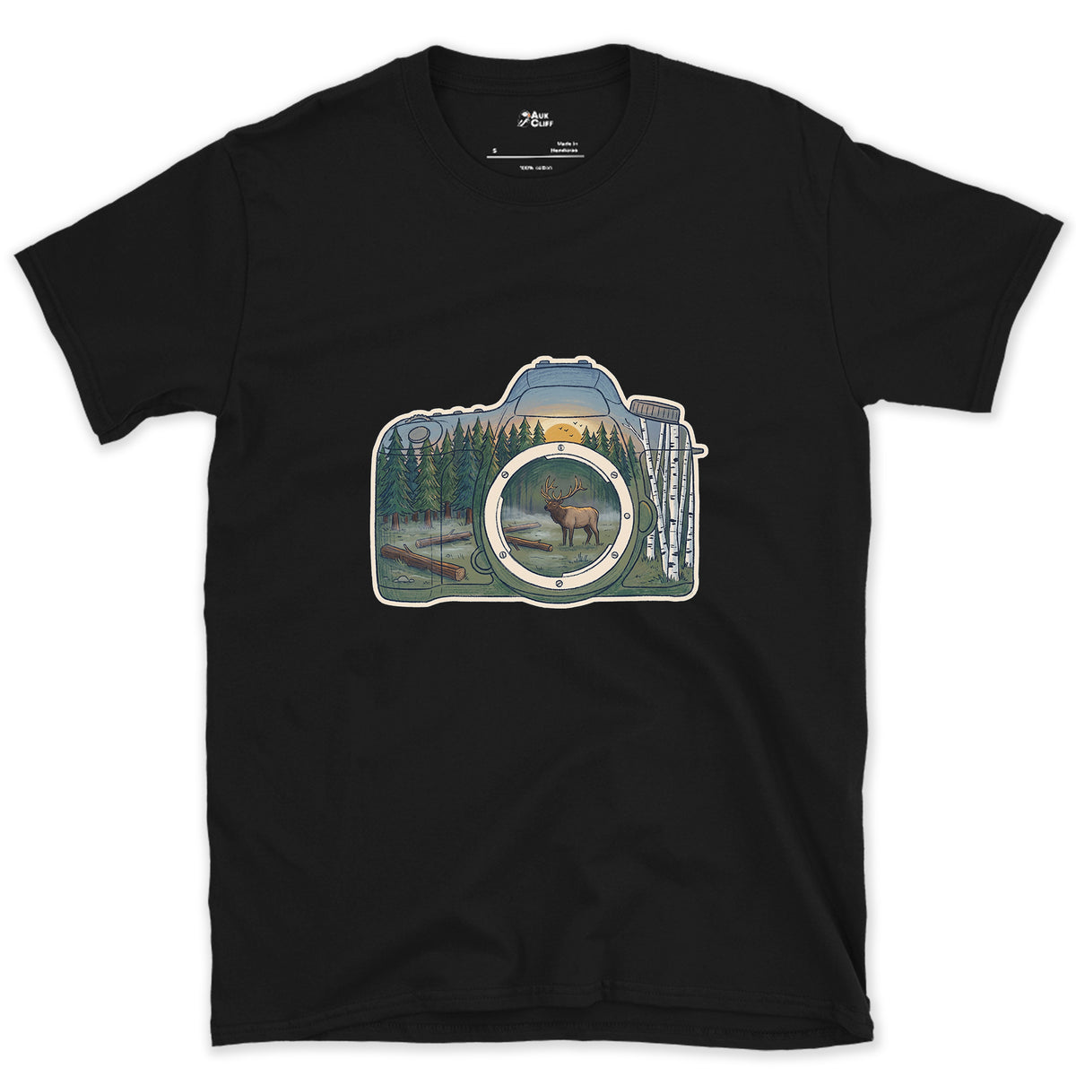 The Elk the Camera Waited For design on a Black Gildan Softstyle t-shirt
