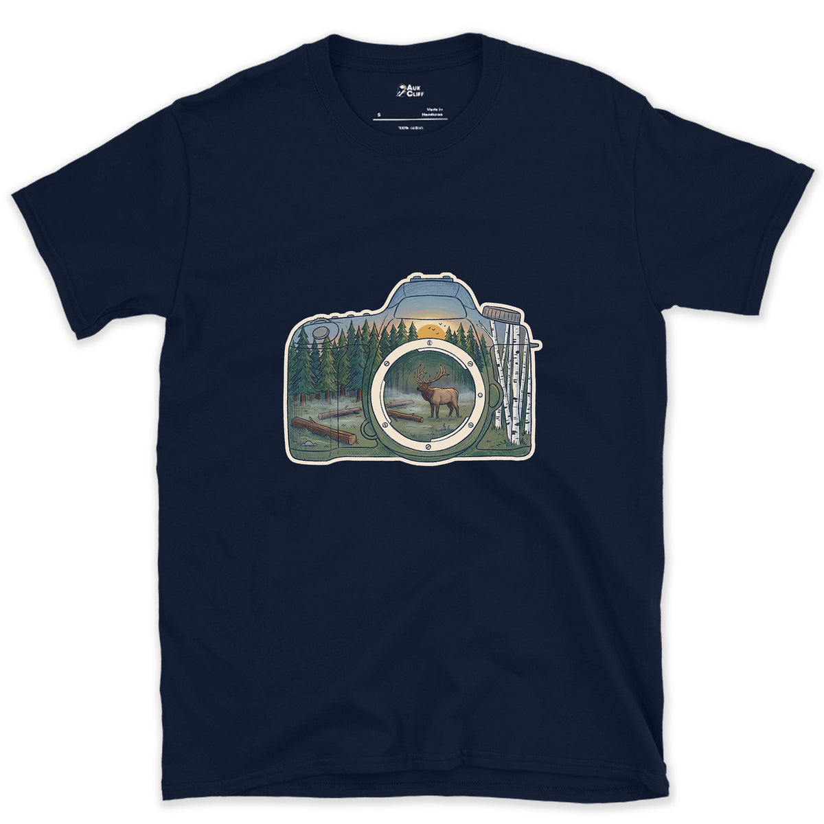The Elk the Camera Waited For design on a Navy Gildan Softstyle t-shirt