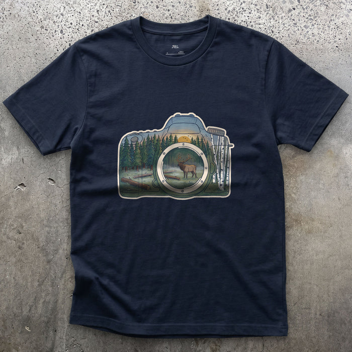 The Elk the Camera Waited For design on a Navy Gildan Softstyle t-shirt