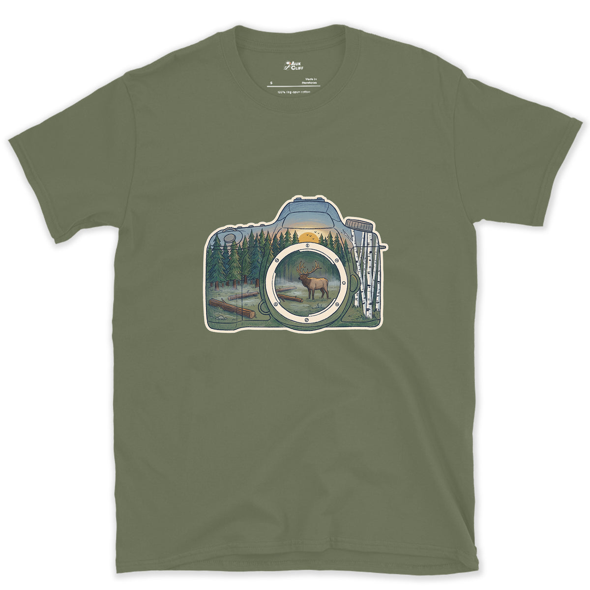 The Elk the Camera Waited For design on a Military Green Gildan Softstyle t-shirt