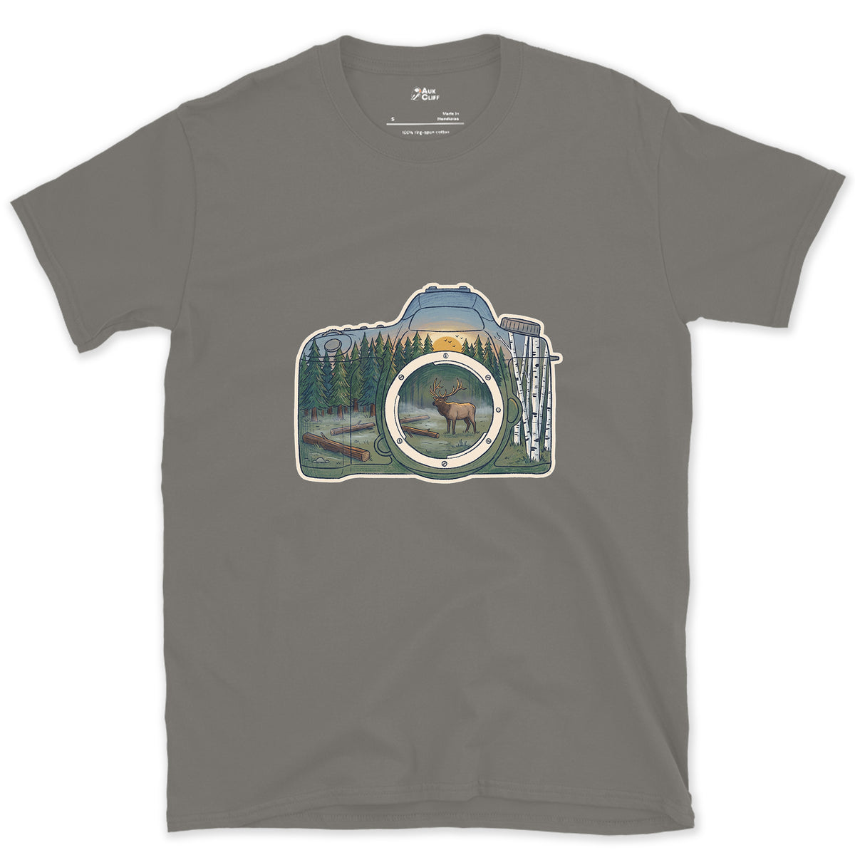 The Elk the Camera Waited For design on a Charcoal Gildan Softstyle t-shirt