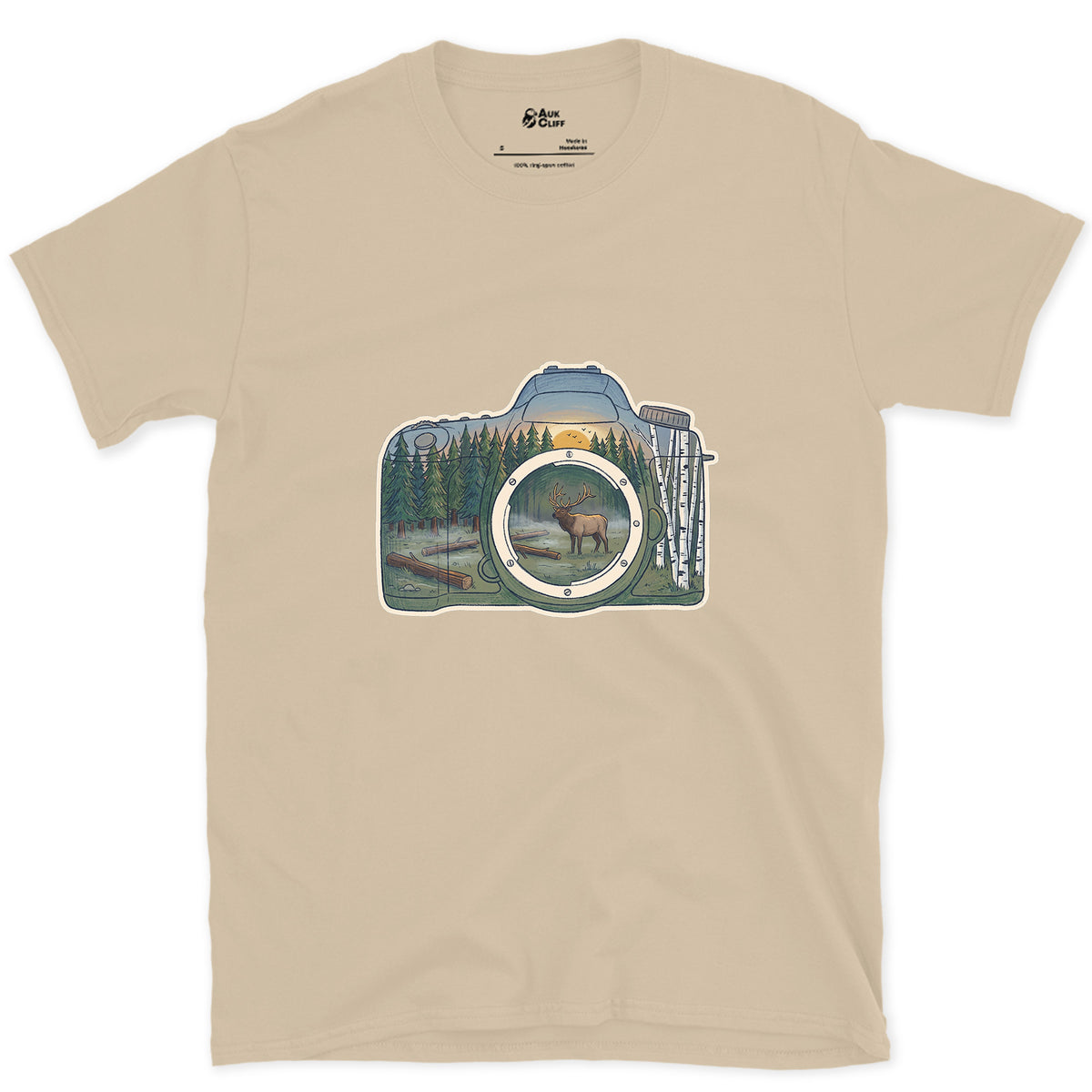 The Elk the Camera Waited For design on a Sand Gildan Softstyle t-shirt