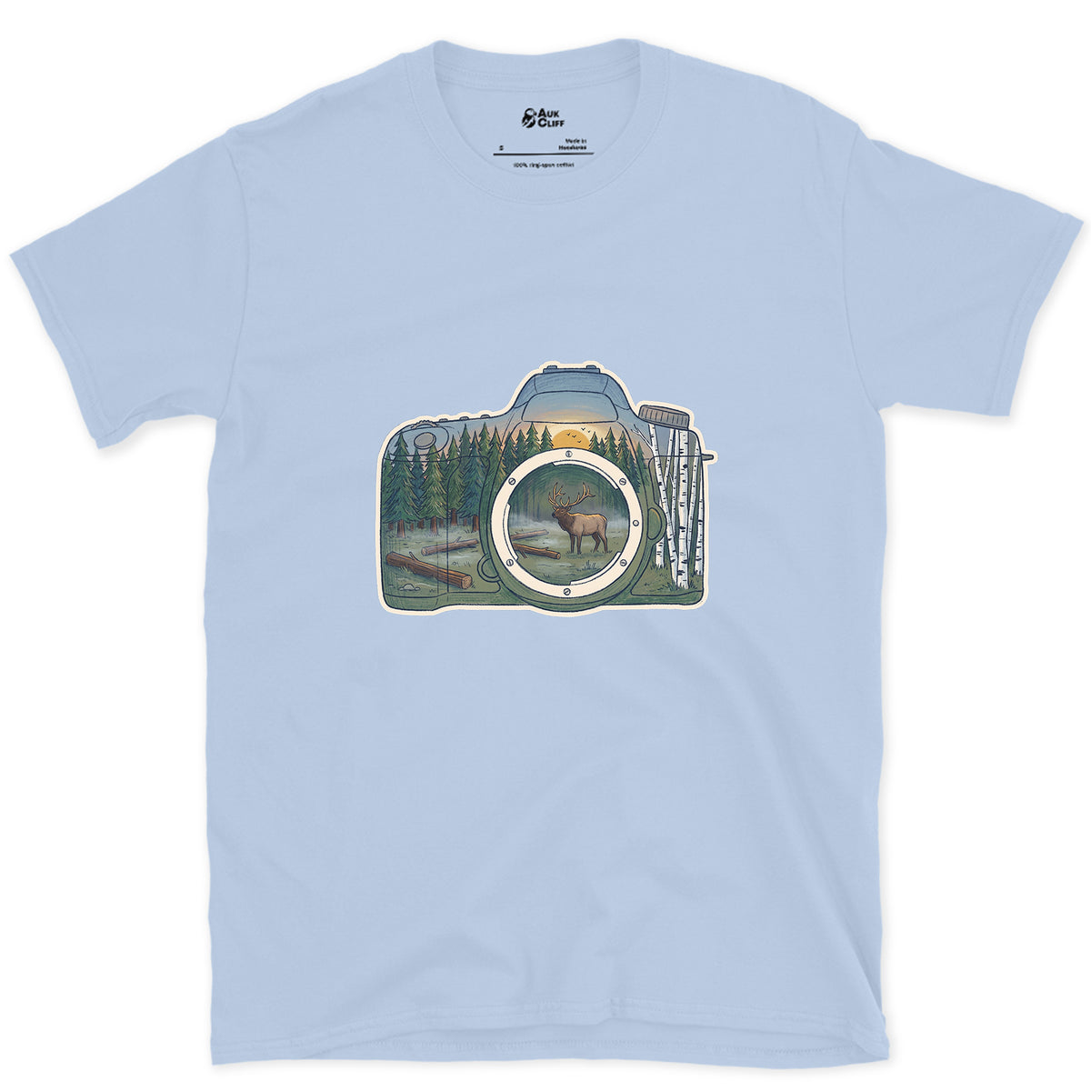 The Elk the Camera Waited For design on a Light Blue Gildan Softstyle t-shirt