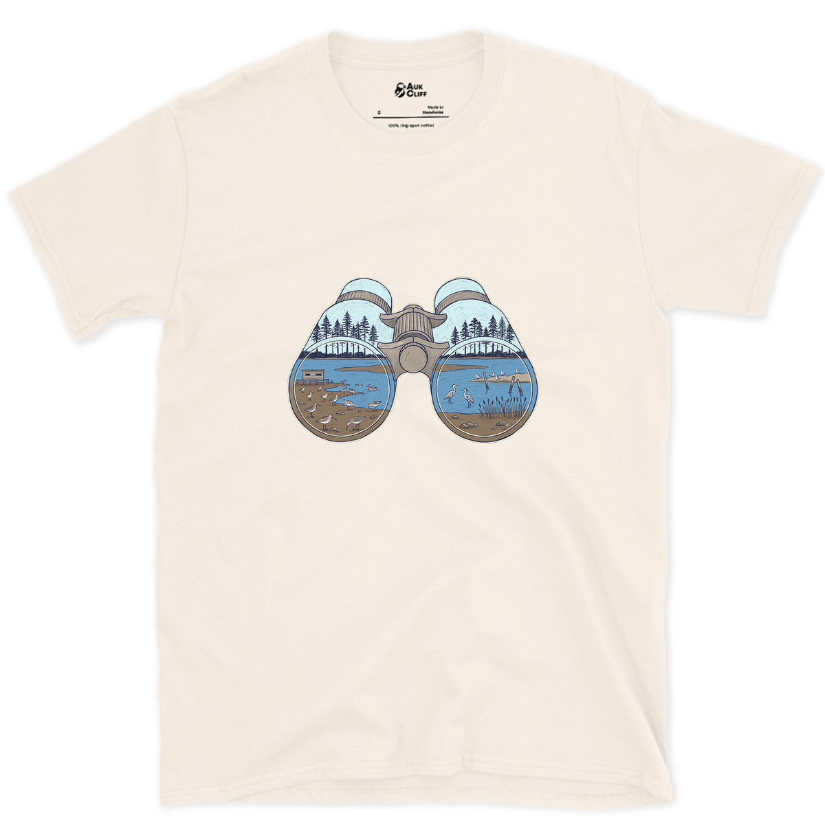The Estuary in Both Barrels, Binoculars design on a Natural Gildan Softstyle t-shirt