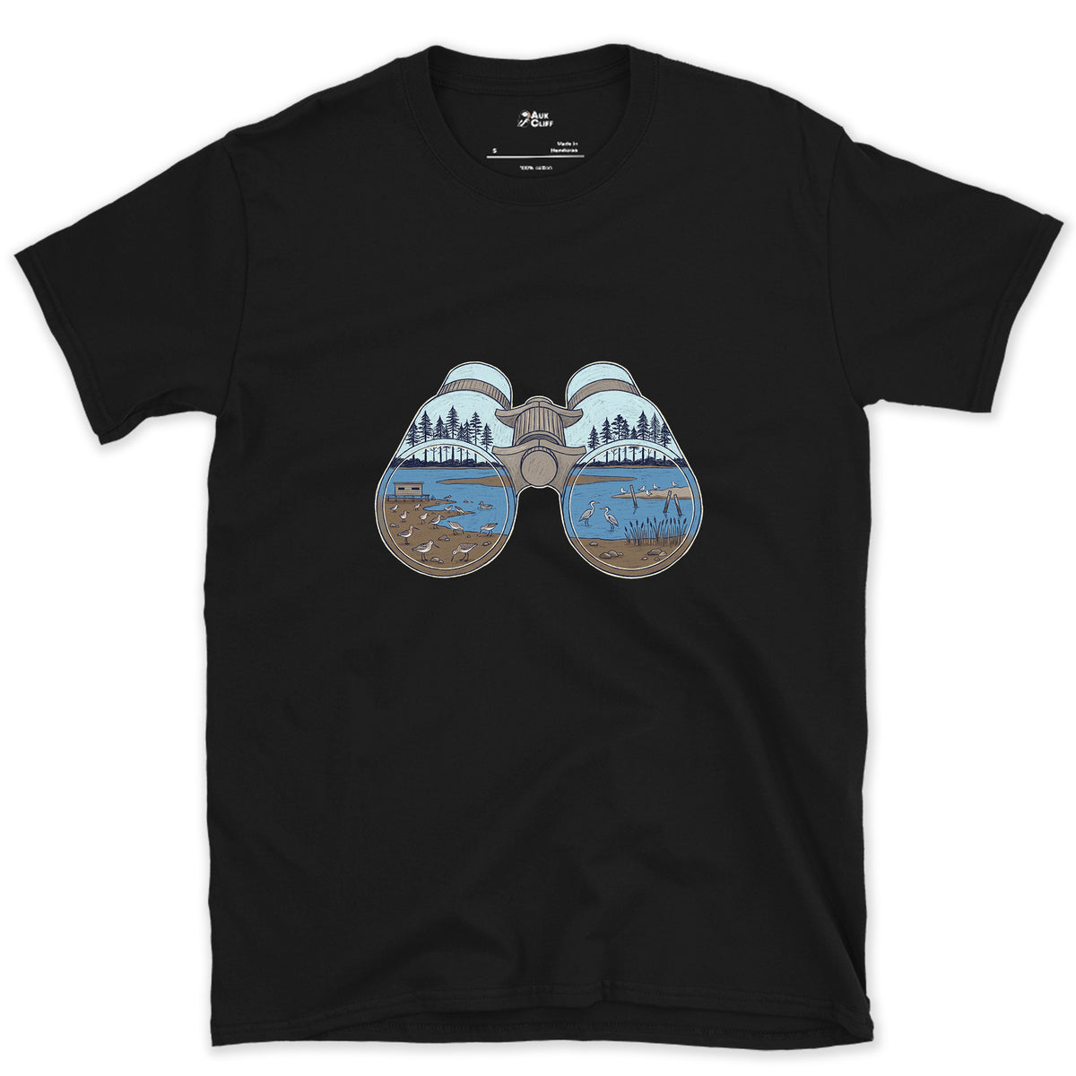 The Estuary in Both Barrels, Binoculars design on a Black Gildan Softstyle t-shirt