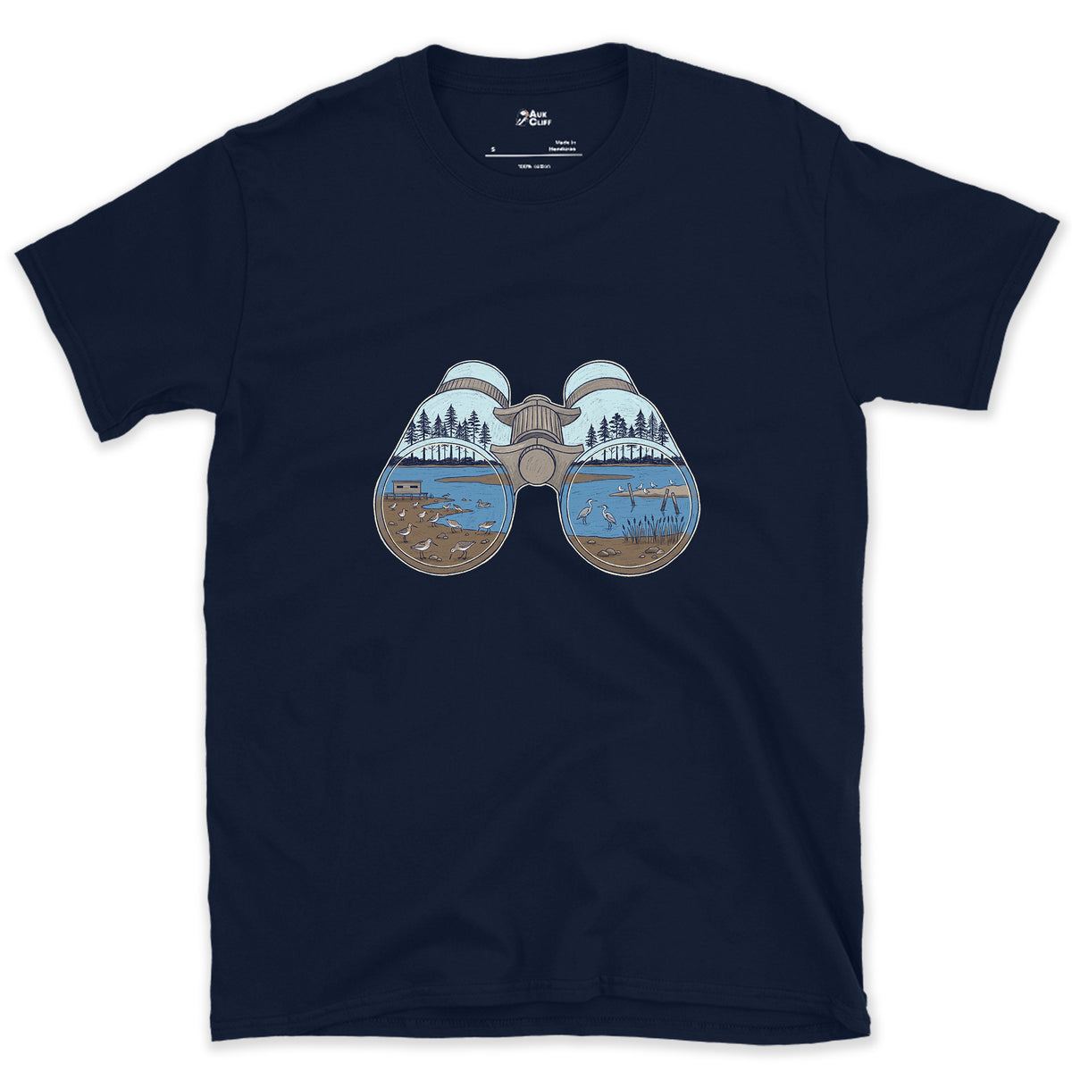 The Estuary in Both Barrels, Binoculars design on a Navy Gildan Softstyle t-shirt