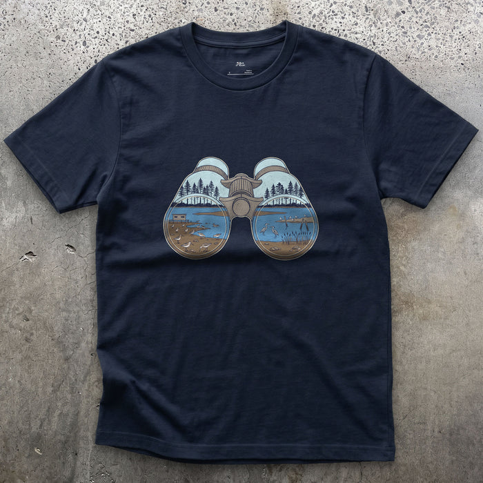 The Estuary in Both Barrels, Binoculars design on a Navy Gildan Softstyle t-shirt