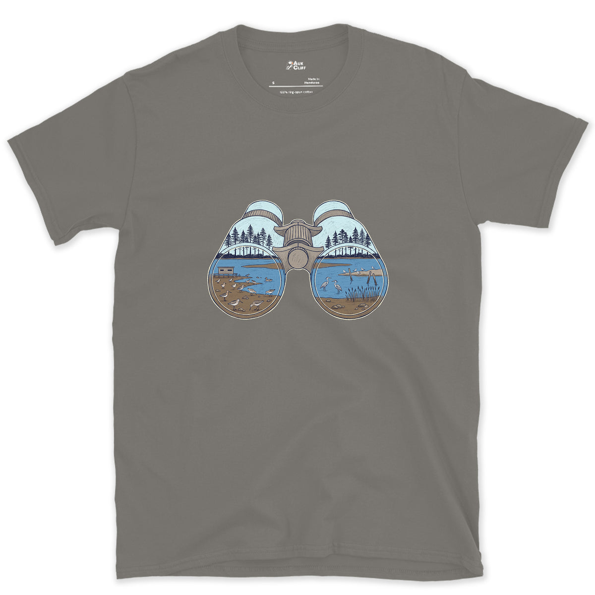 The Estuary in Both Barrels, Binoculars design on a Charcoal Gildan Softstyle t-shirt