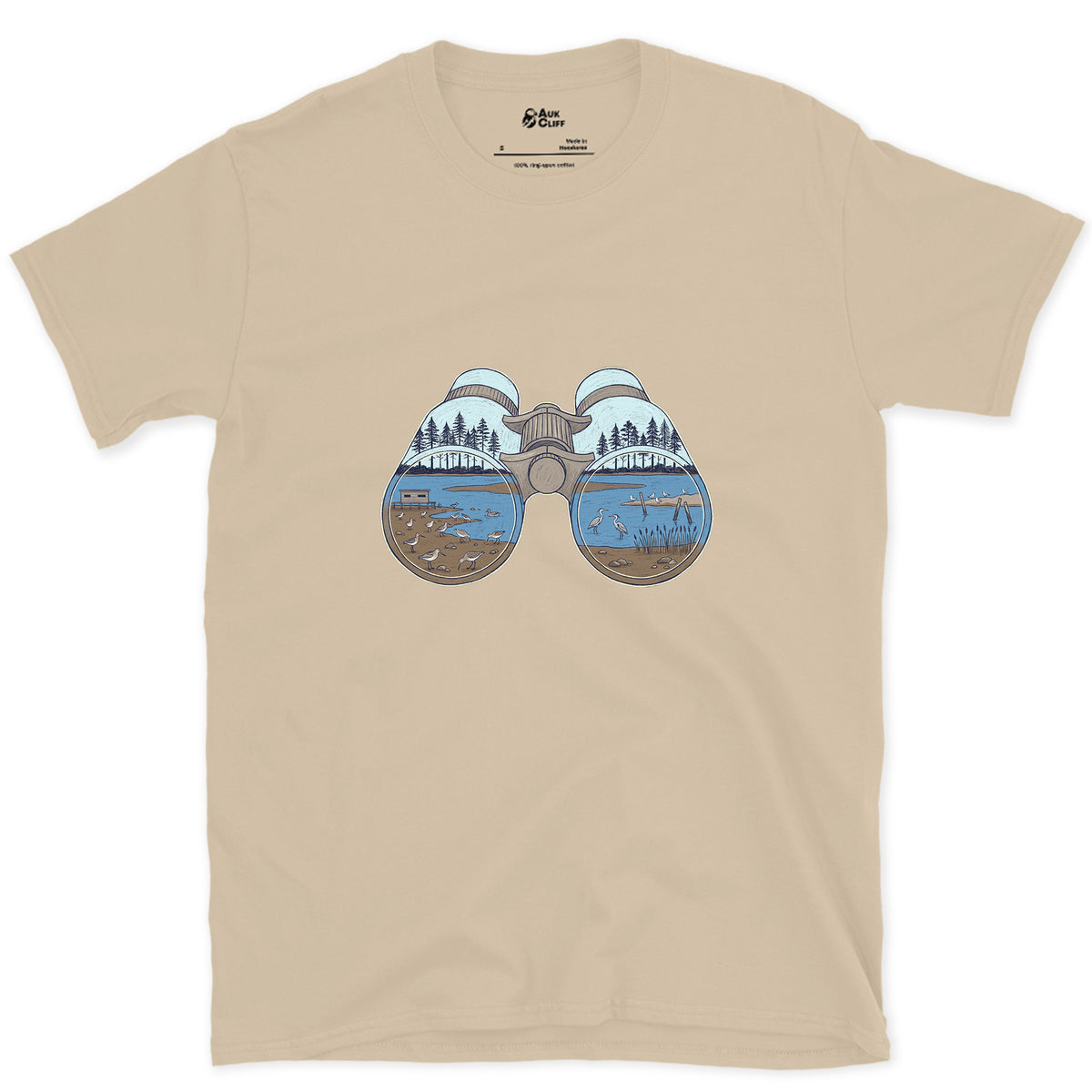 The Estuary in Both Barrels, Binoculars design on a Sand Gildan Softstyle t-shirt