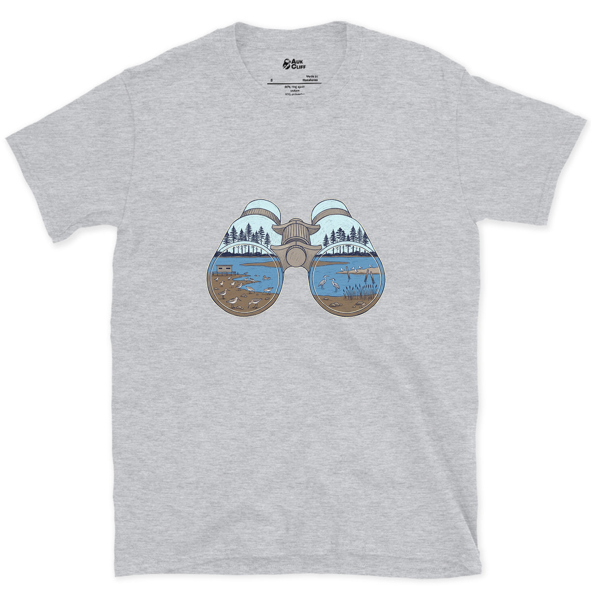 The Estuary in Both Barrels, Binoculars design on a Sport Grey Gildan Softstyle t-shirt