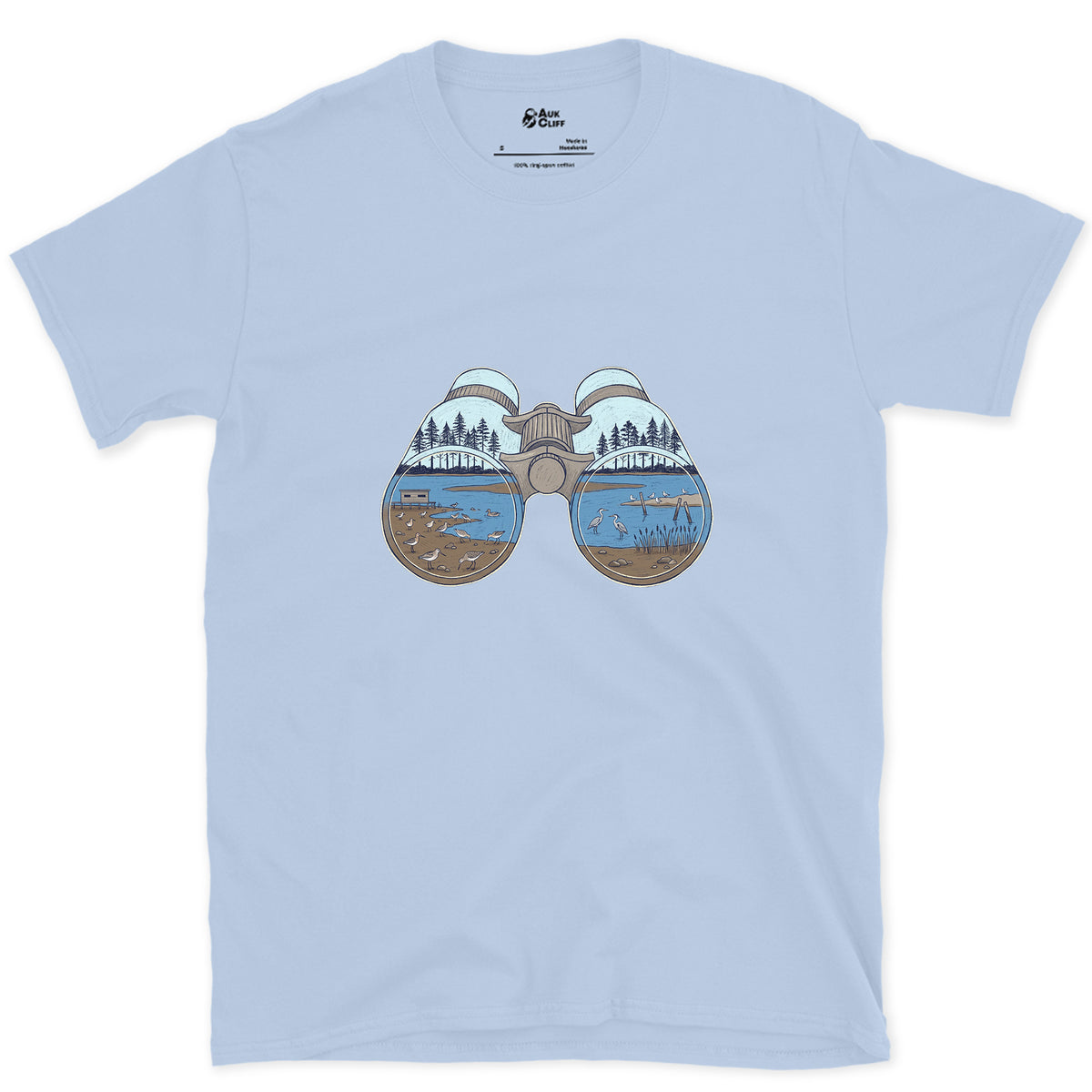 The Estuary in Both Barrels, Binoculars design on a Light Blue Gildan Softstyle t-shirt