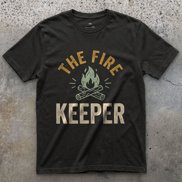 Fire Keeper, Campfire Log Badge design on a Black Gildan Softstyle t-shirt