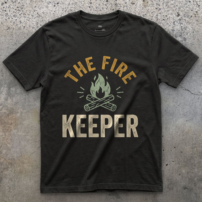 Fire Keeper, Campfire Log Badge design on a Black Gildan Softstyle t-shirt