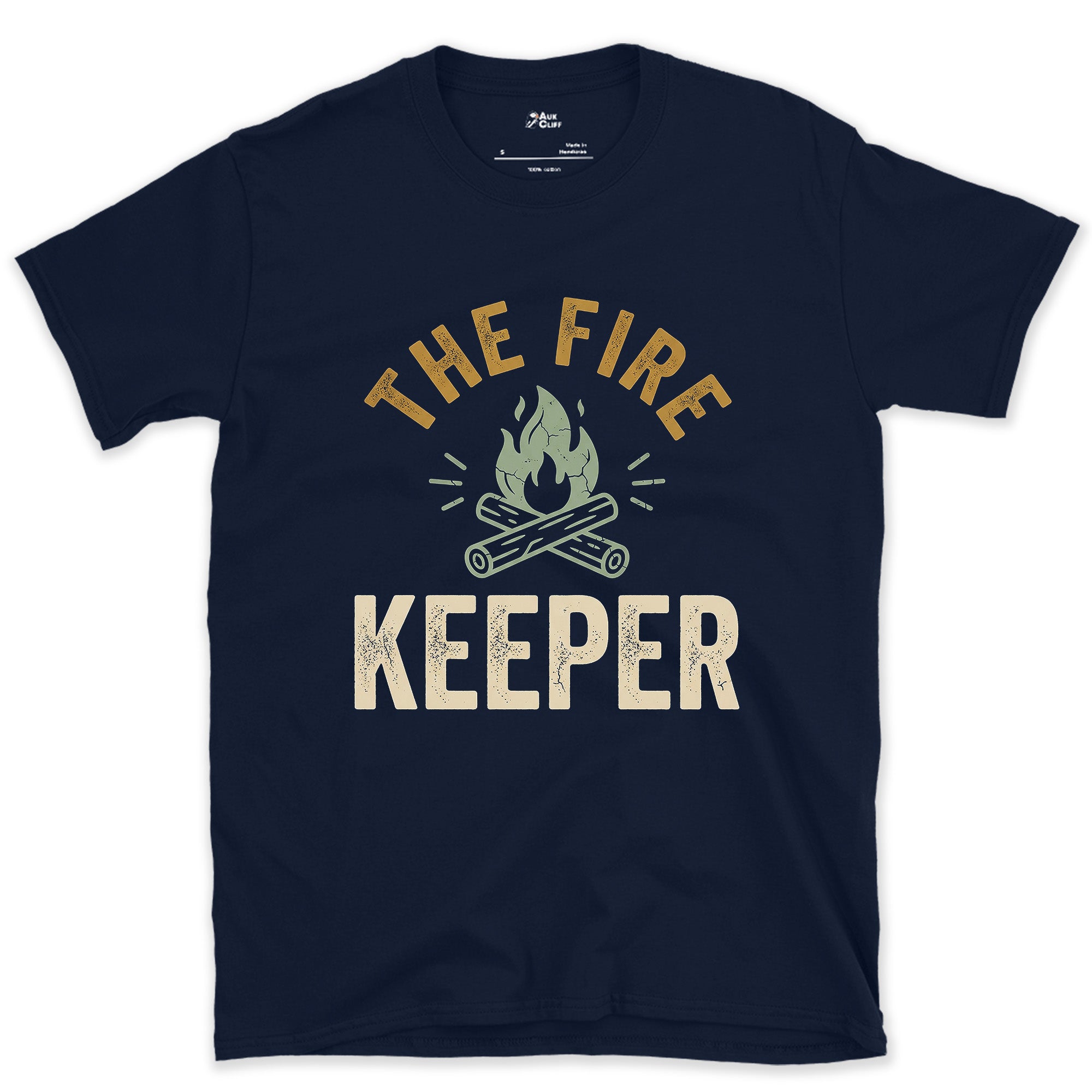 Fire Keeper, Campfire Log Badge design on a Navy Gildan Softstyle t-shirt
