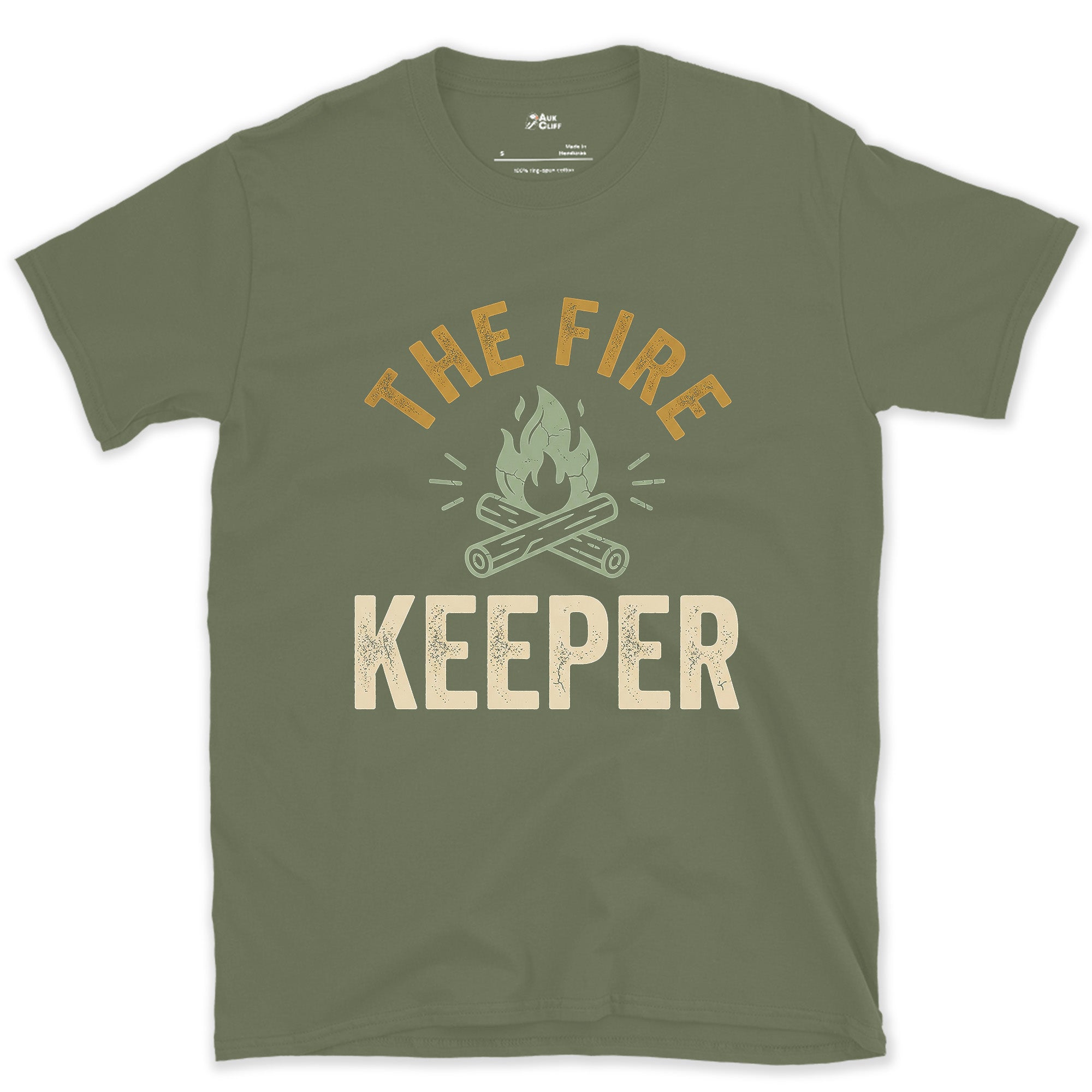 Fire Keeper, Campfire Log Badge design on a Military Green Gildan Softstyle t-shirt