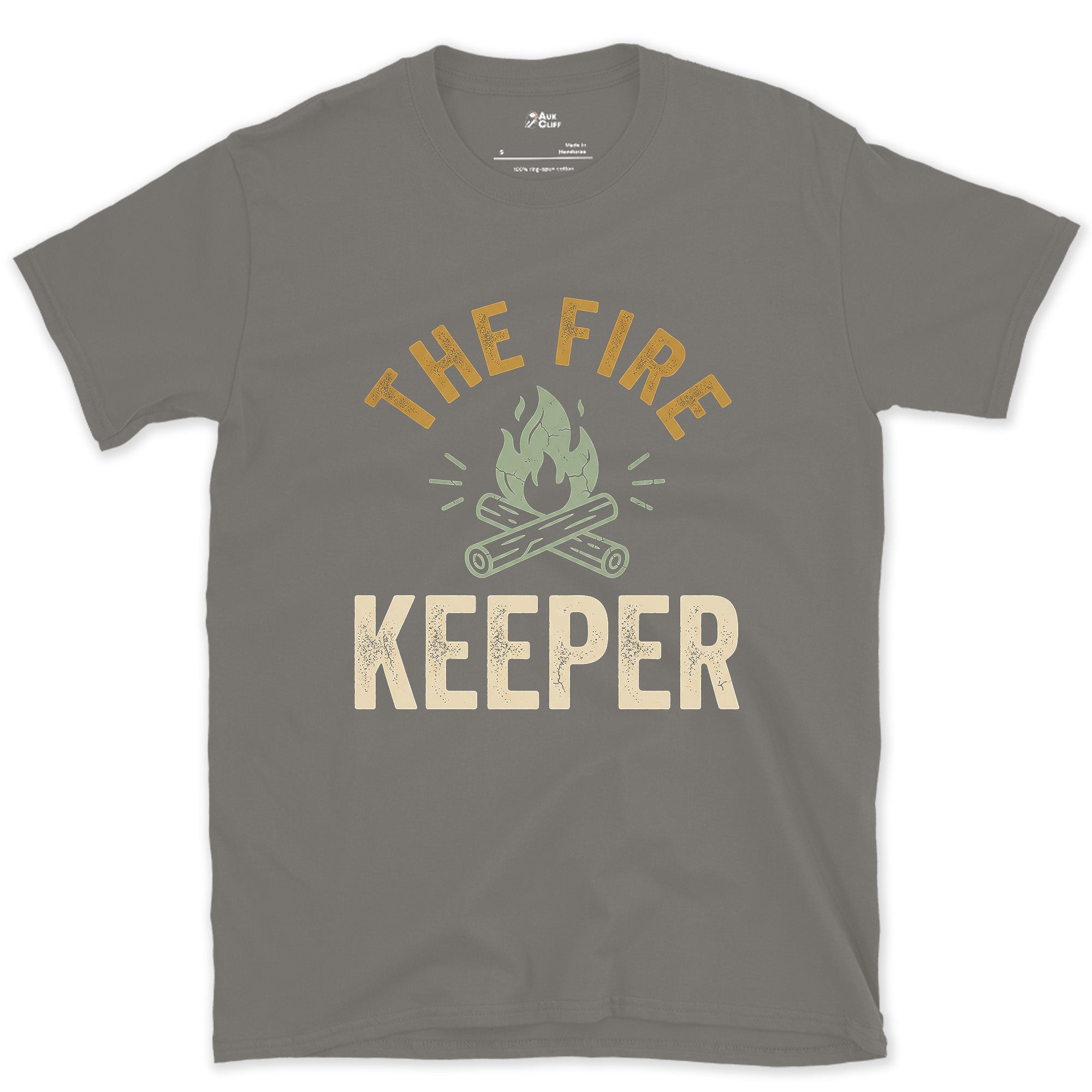 Fire Keeper, Campfire Log Badge design on a Charcoal Gildan Softstyle t-shirt