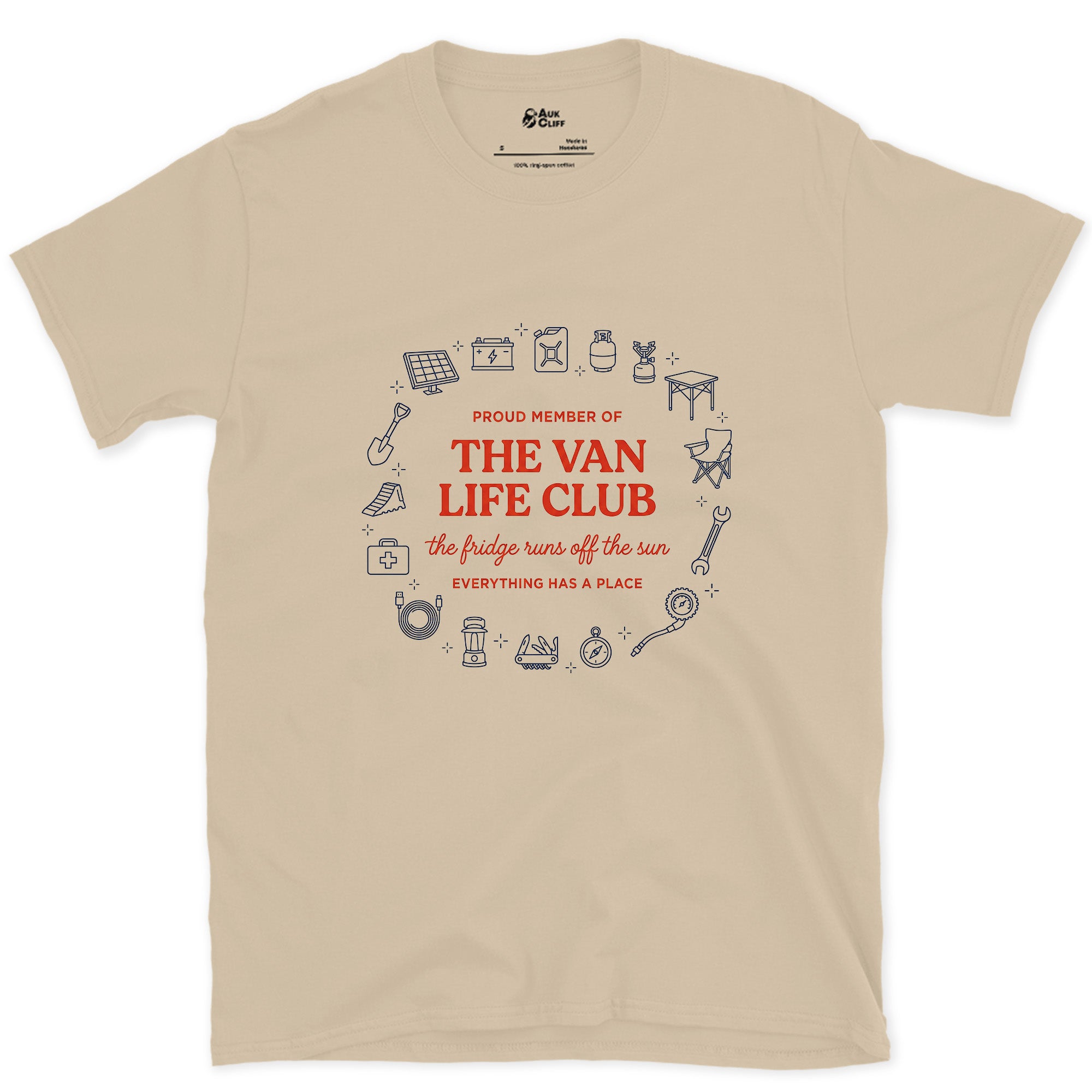 The Fridge Runs Off the Sun, Van Life Club design on a Sand Gildan Softstyle t-shirt