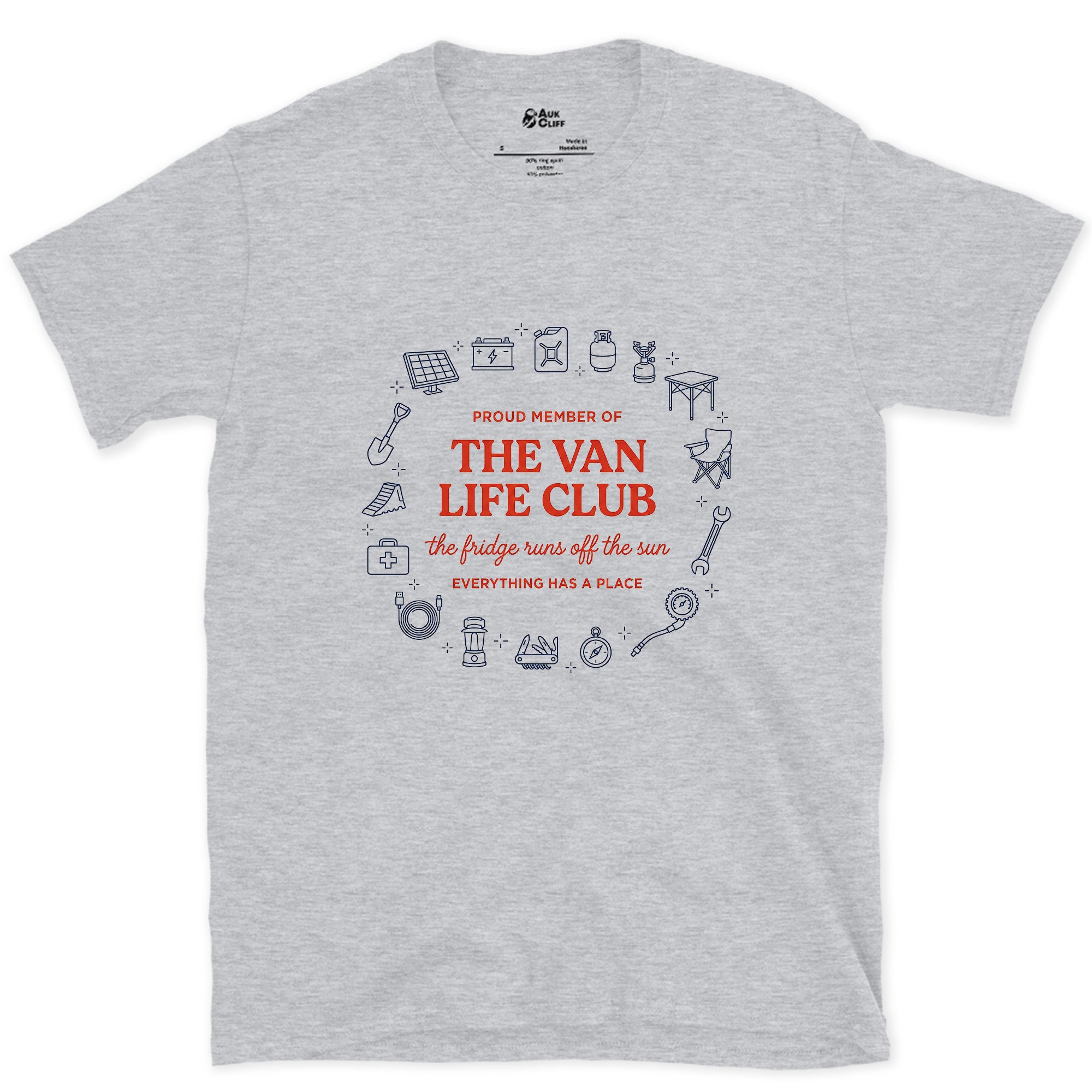 The Fridge Runs Off the Sun, Van Life Club design on a Sport Grey Gildan Softstyle t-shirt