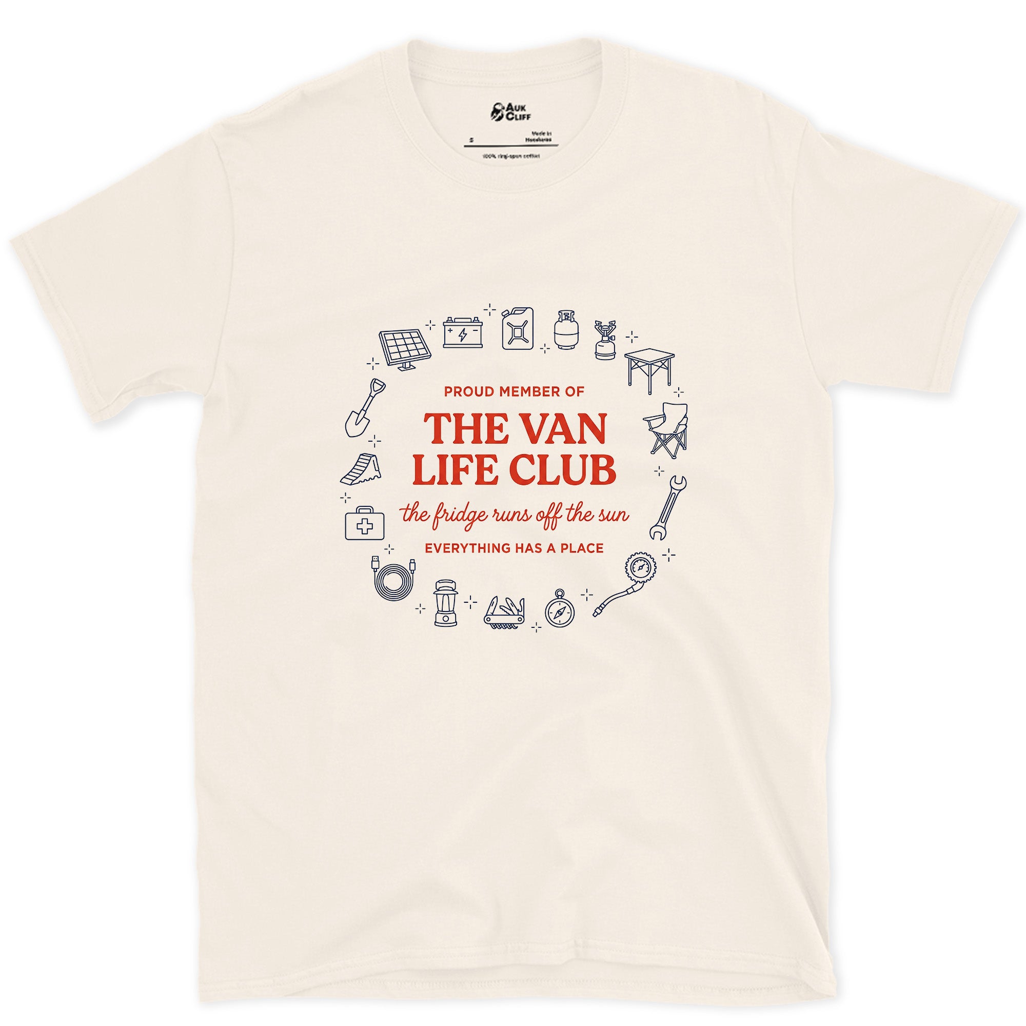 The Fridge Runs Off the Sun, Van Life Club design on a Natural Gildan Softstyle t-shirt