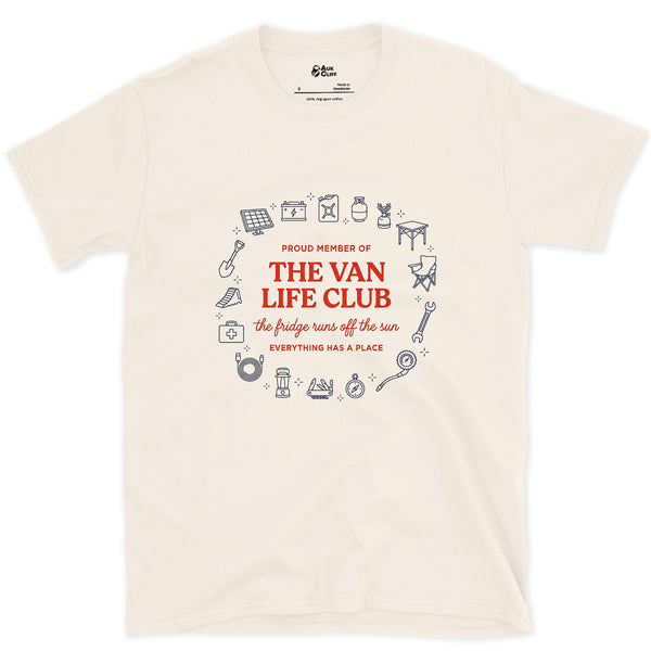 The Fridge Runs Off the Sun, Van Life Club design on a Natural Gildan Softstyle t-shirt