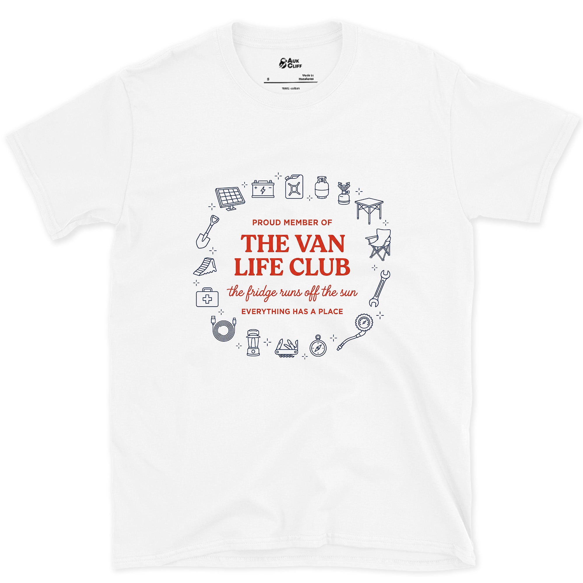 The Fridge Runs Off the Sun, Van Life Club design on a White Gildan Softstyle t-shirt