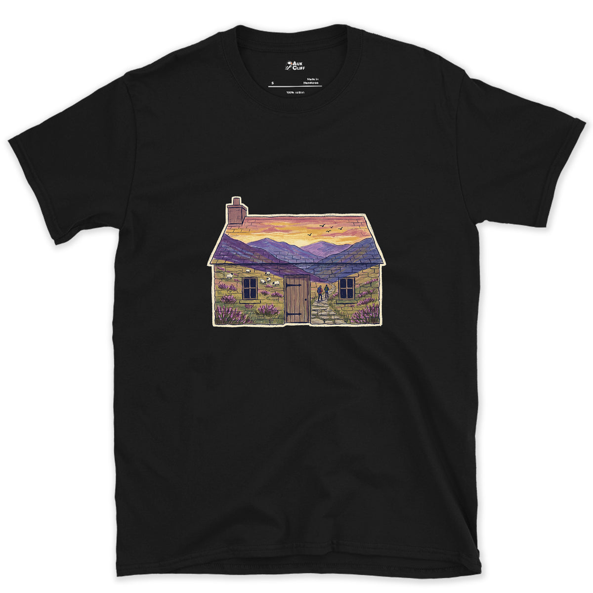 The Glen Outside the Bothy design on a Black Gildan Softstyle t-shirt