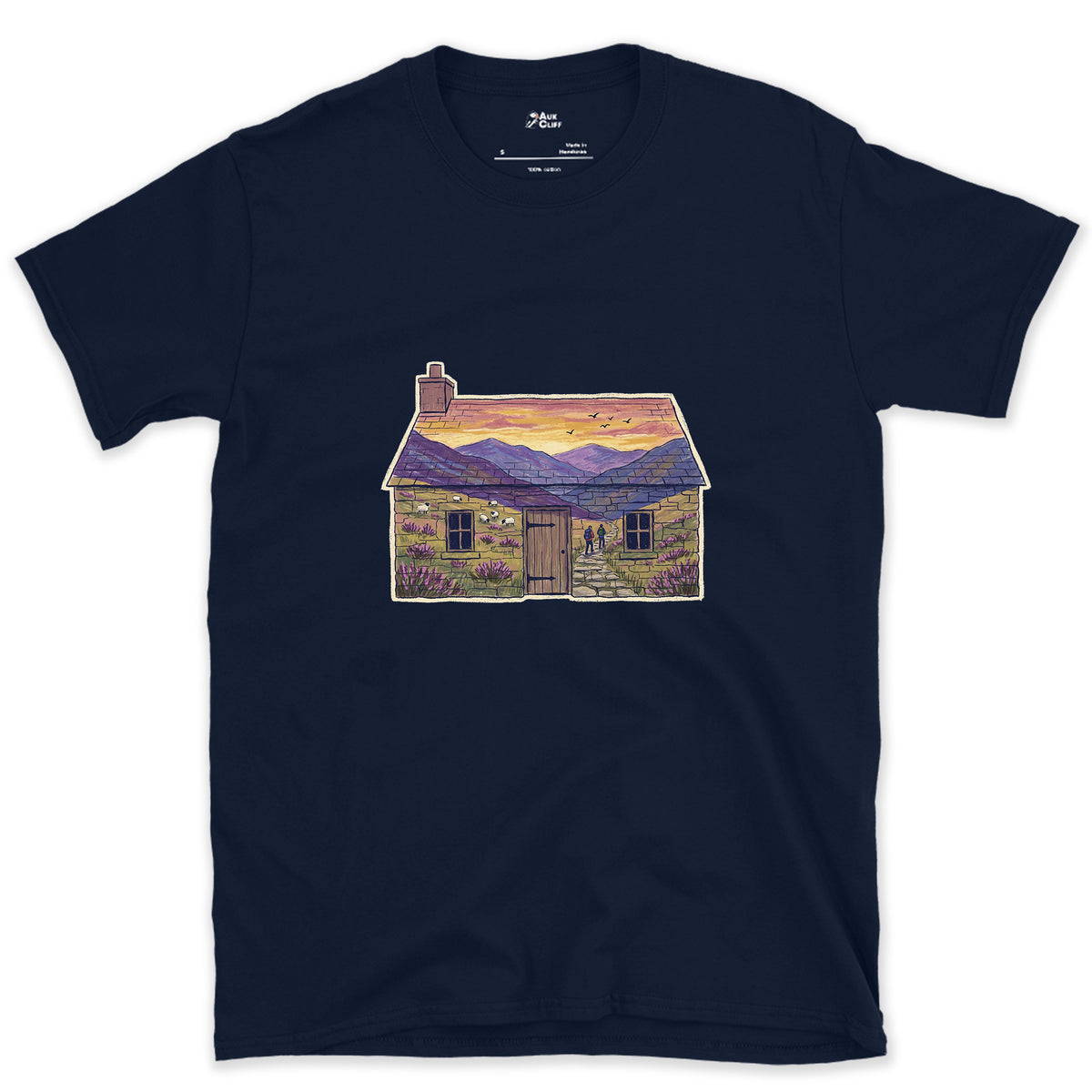 The Glen Outside the Bothy design on a Navy Gildan Softstyle t-shirt