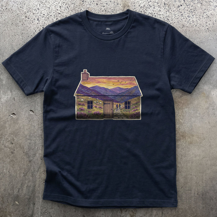 The Glen Outside the Bothy design on a Navy Gildan Softstyle t-shirt