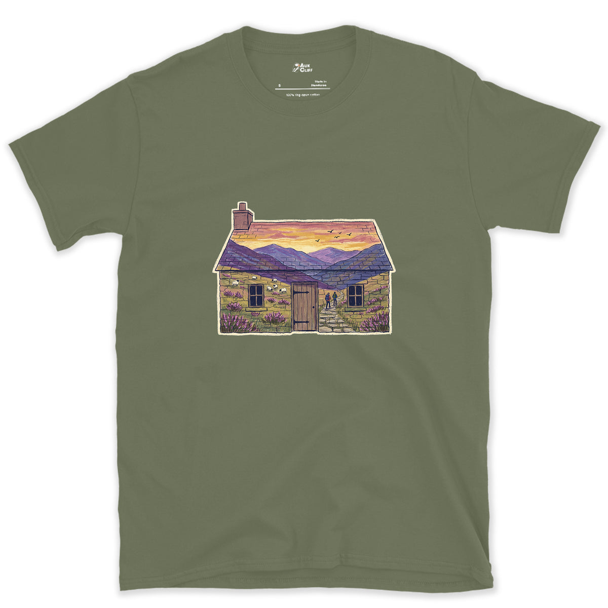 The Glen Outside the Bothy design on a Military Green Gildan Softstyle t-shirt
