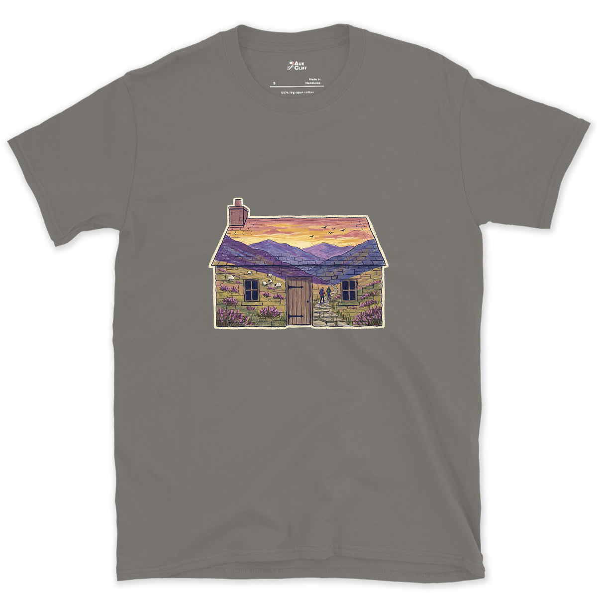 The Glen Outside the Bothy design on a Charcoal Gildan Softstyle t-shirt