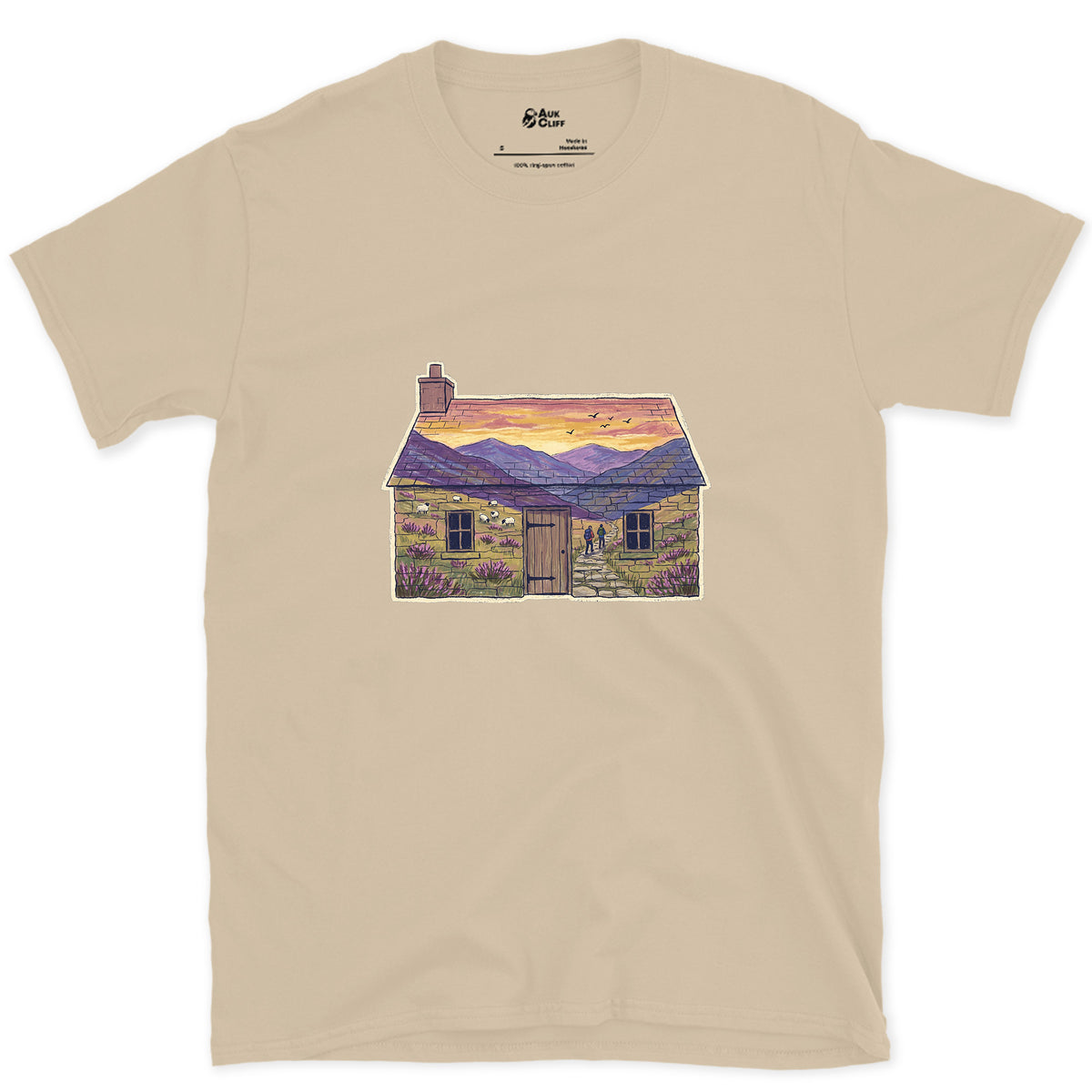 The Glen Outside the Bothy design on a Sand Gildan Softstyle t-shirt