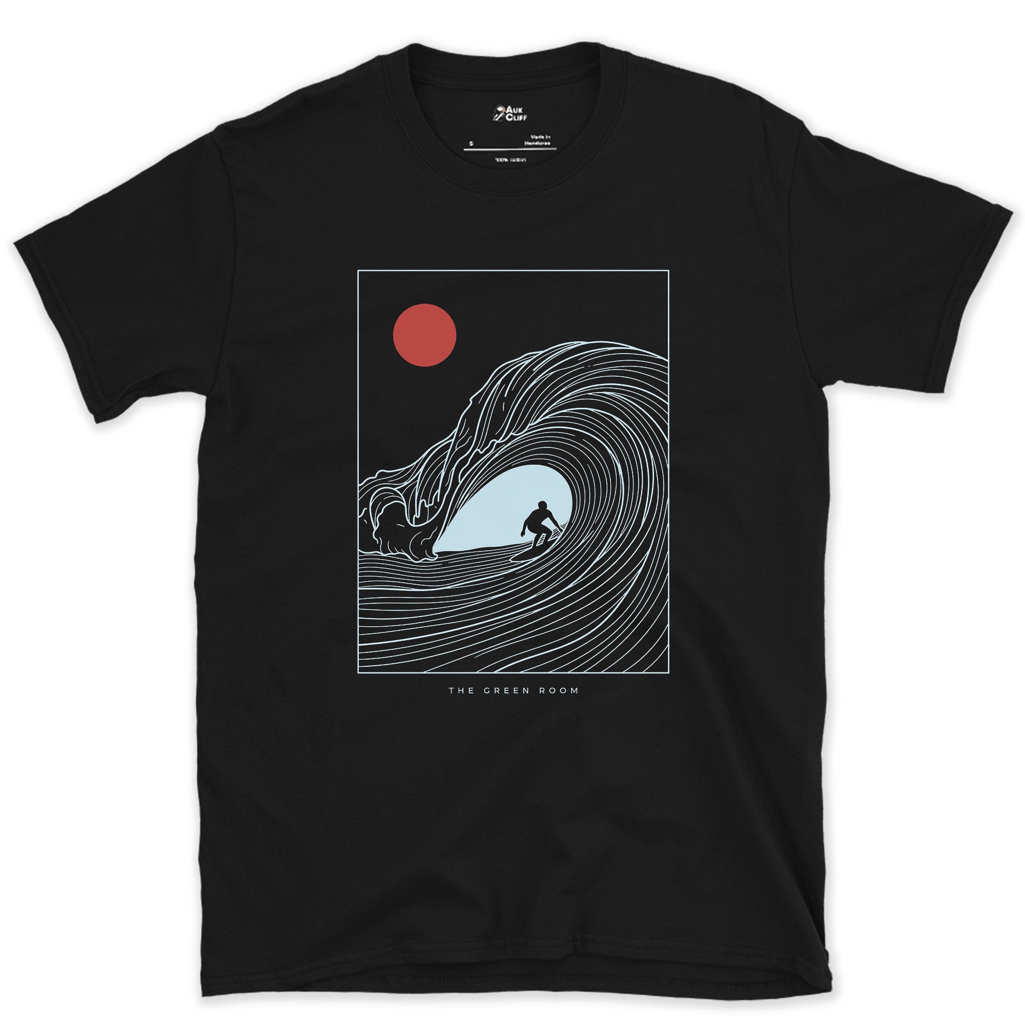 The Green Room, Surfer in the Barrel design on a Black Gildan Softstyle t-shirt