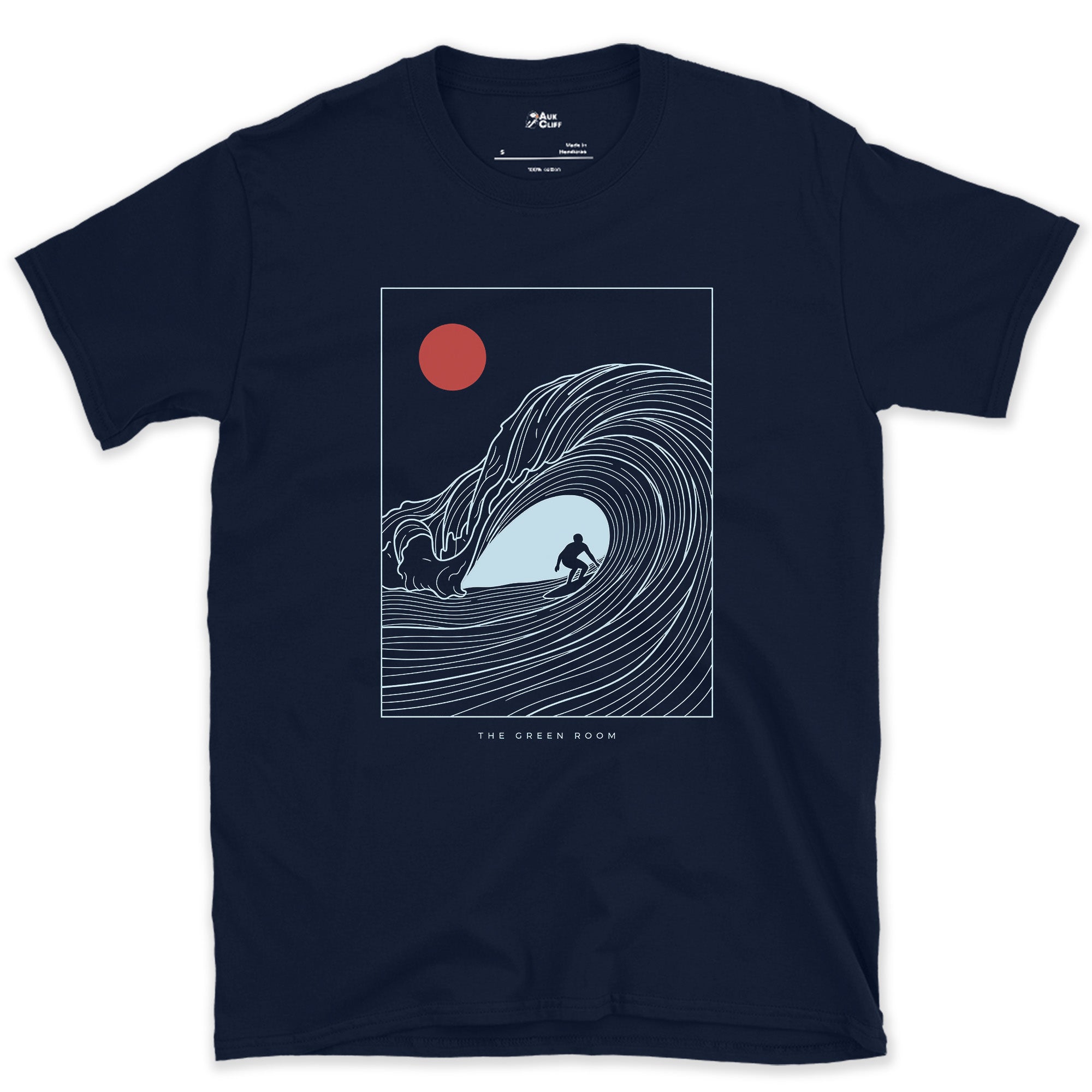 The Green Room, Surfer in the Barrel design on a Navy Gildan Softstyle t-shirt