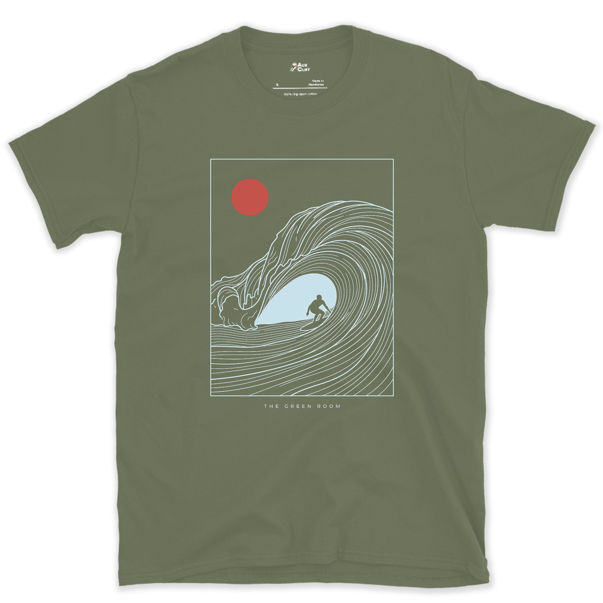 The Green Room, Surfer in the Barrel design on a Military Green Gildan Softstyle t-shirt
