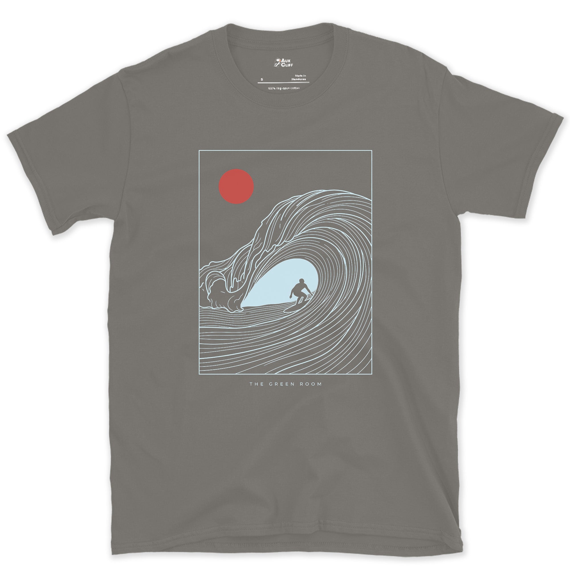 The Green Room, Surfer in the Barrel design on a Charcoal Gildan Softstyle t-shirt