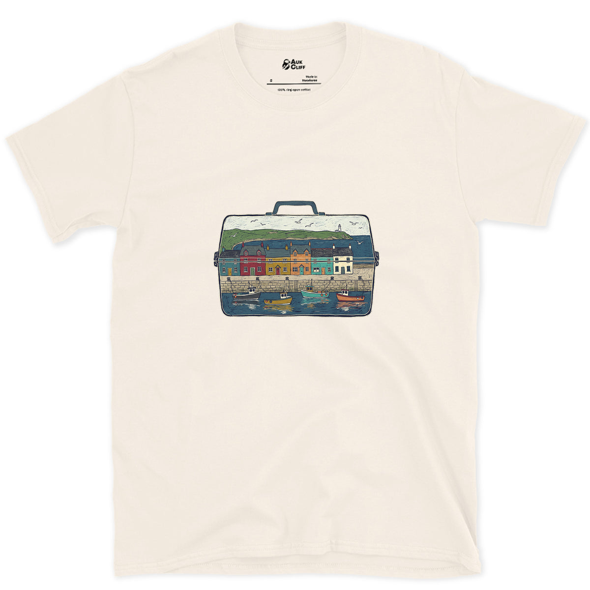 The Harbour in the Tackle Box design on a Natural Gildan Softstyle t-shirt