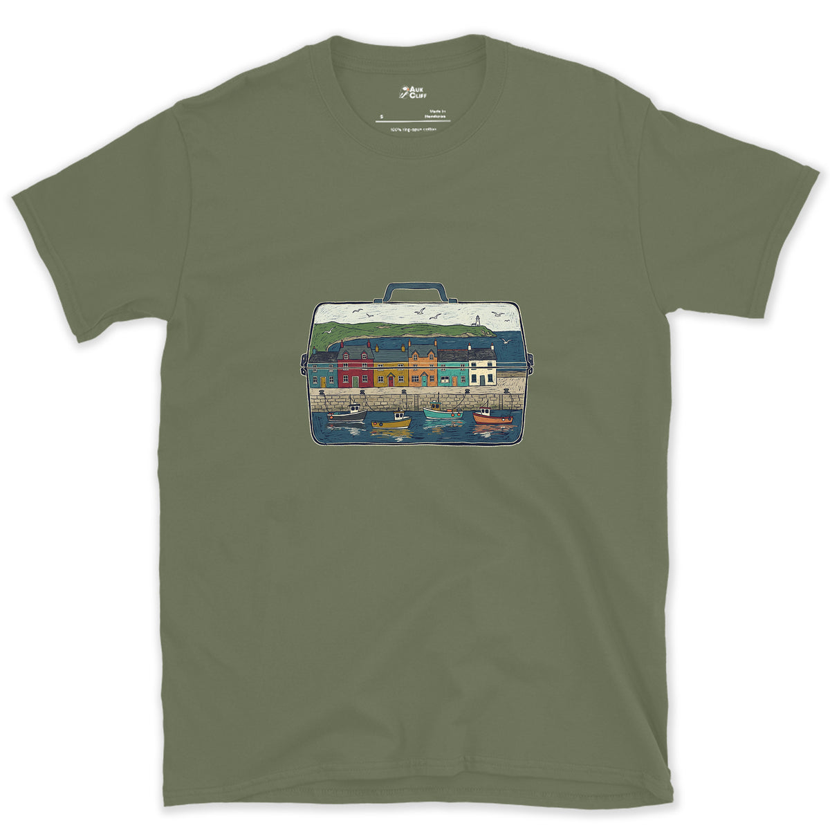 The Harbour in the Tackle Box design on a Military Green Gildan Softstyle t-shirt