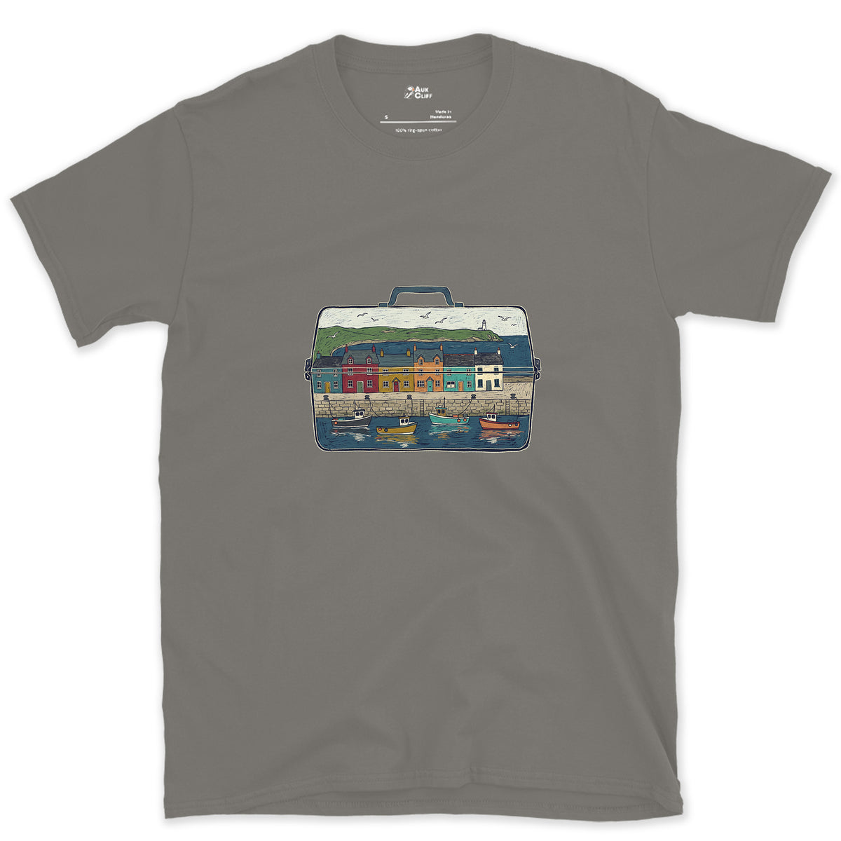 The Harbour in the Tackle Box design on a Charcoal Gildan Softstyle t-shirt