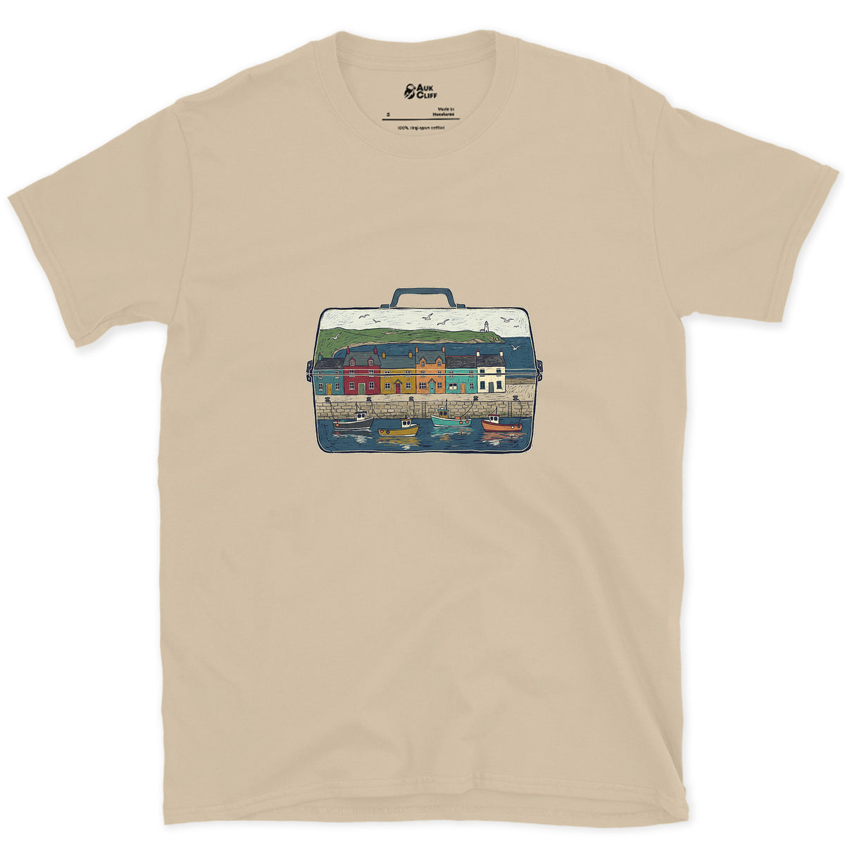 The Harbour in the Tackle Box design on a Sand Gildan Softstyle t-shirt