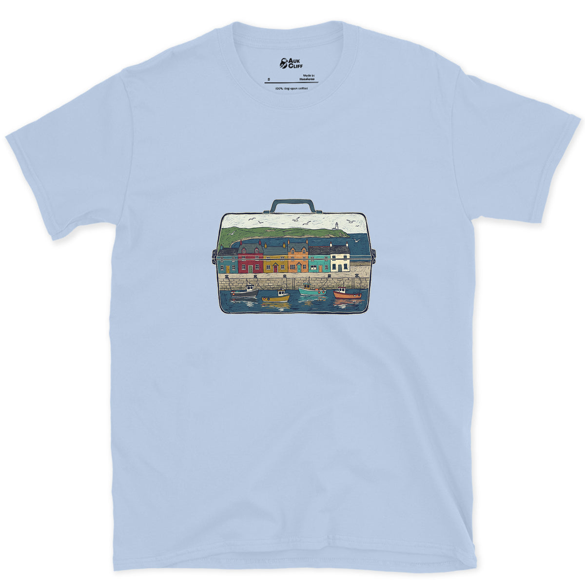 The Harbour in the Tackle Box design on a Light Blue Gildan Softstyle t-shirt