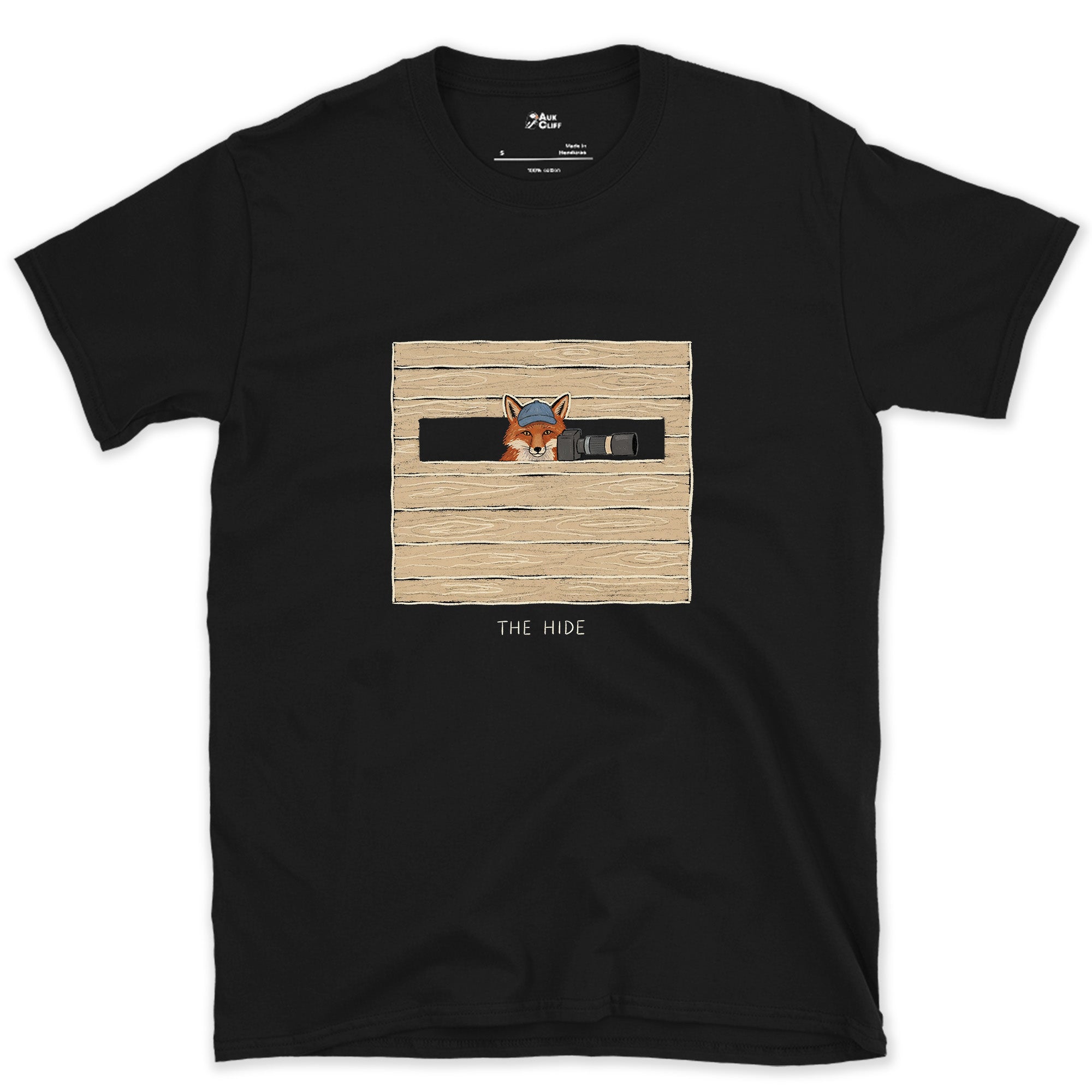 Claimed the Good Spot First, Fox in the Hide design on a Black Gildan Softstyle t-shirt