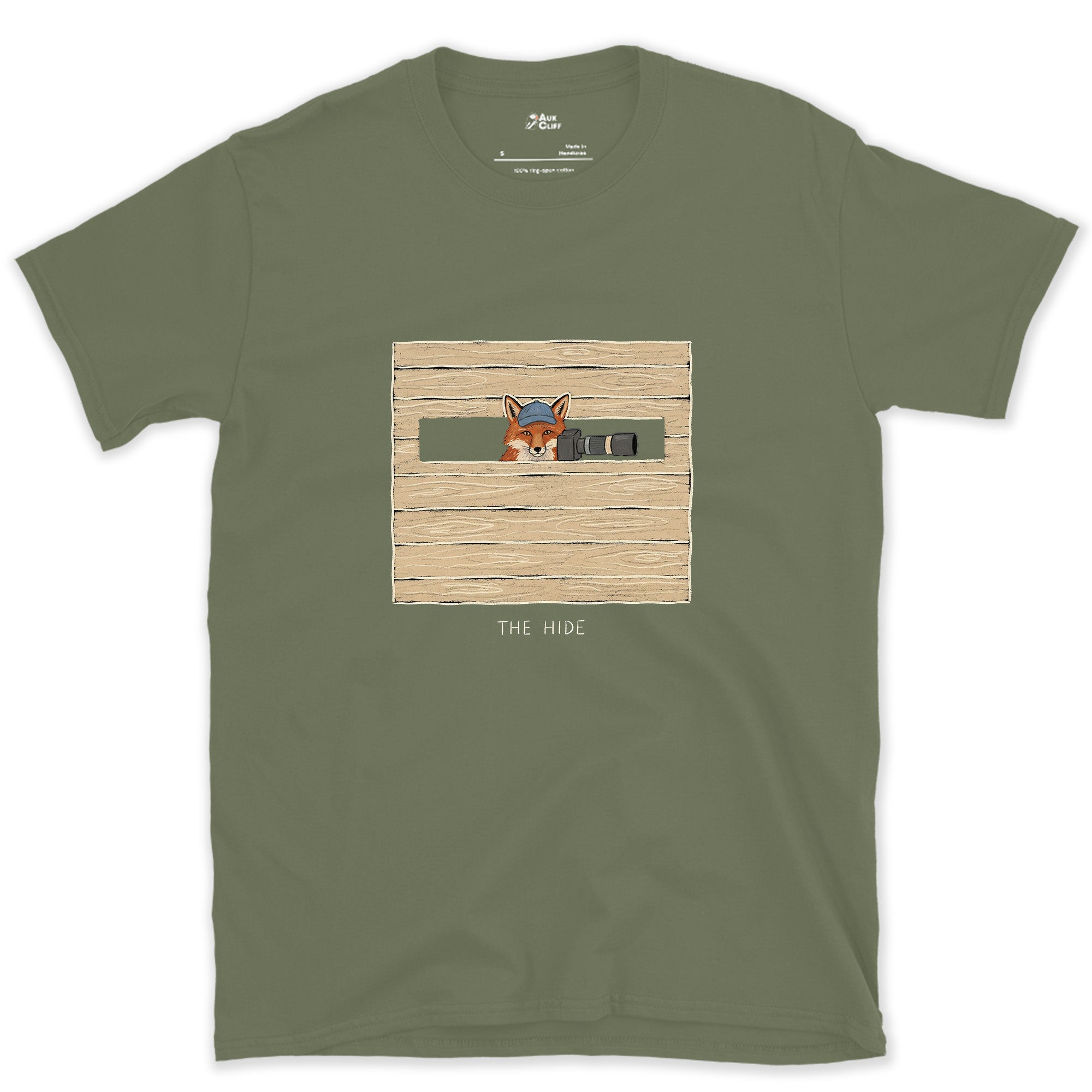 Claimed the Good Spot First, Fox in the Hide design on a Military Green Gildan Softstyle t-shirt