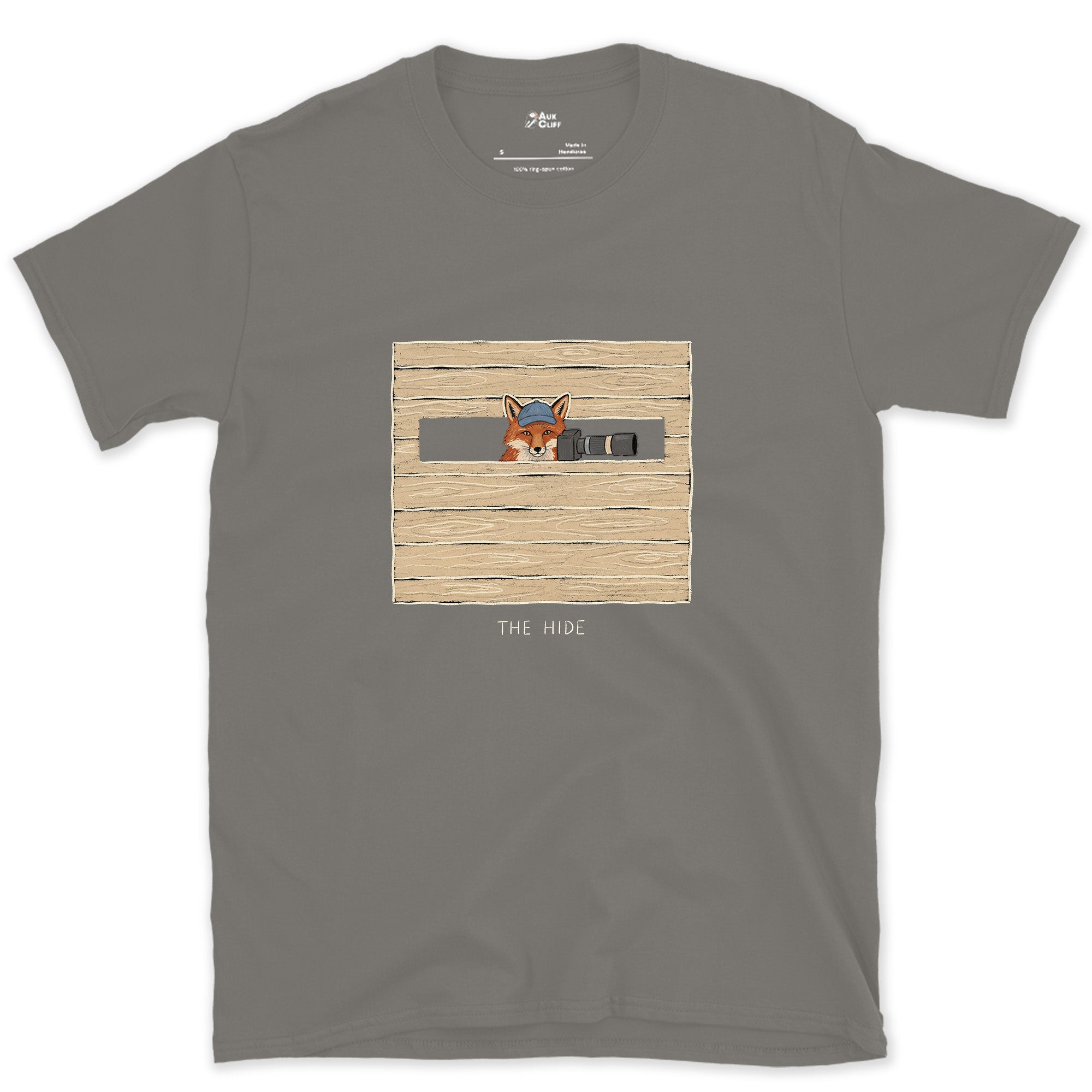 Claimed the Good Spot First, Fox in the Hide design on a Charcoal Gildan Softstyle t-shirt