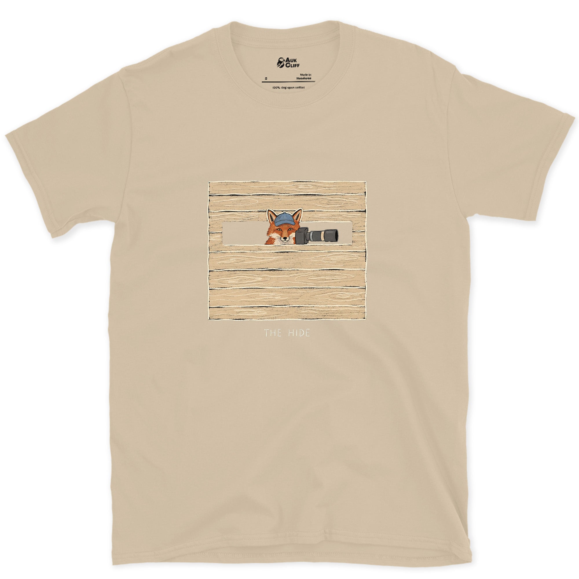 Claimed the Good Spot First, Fox in the Hide design on a Sand Gildan Softstyle t-shirt