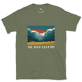 The High Country, Farmhouse in the Valley design on a Military Green Gildan Softstyle t-shirt