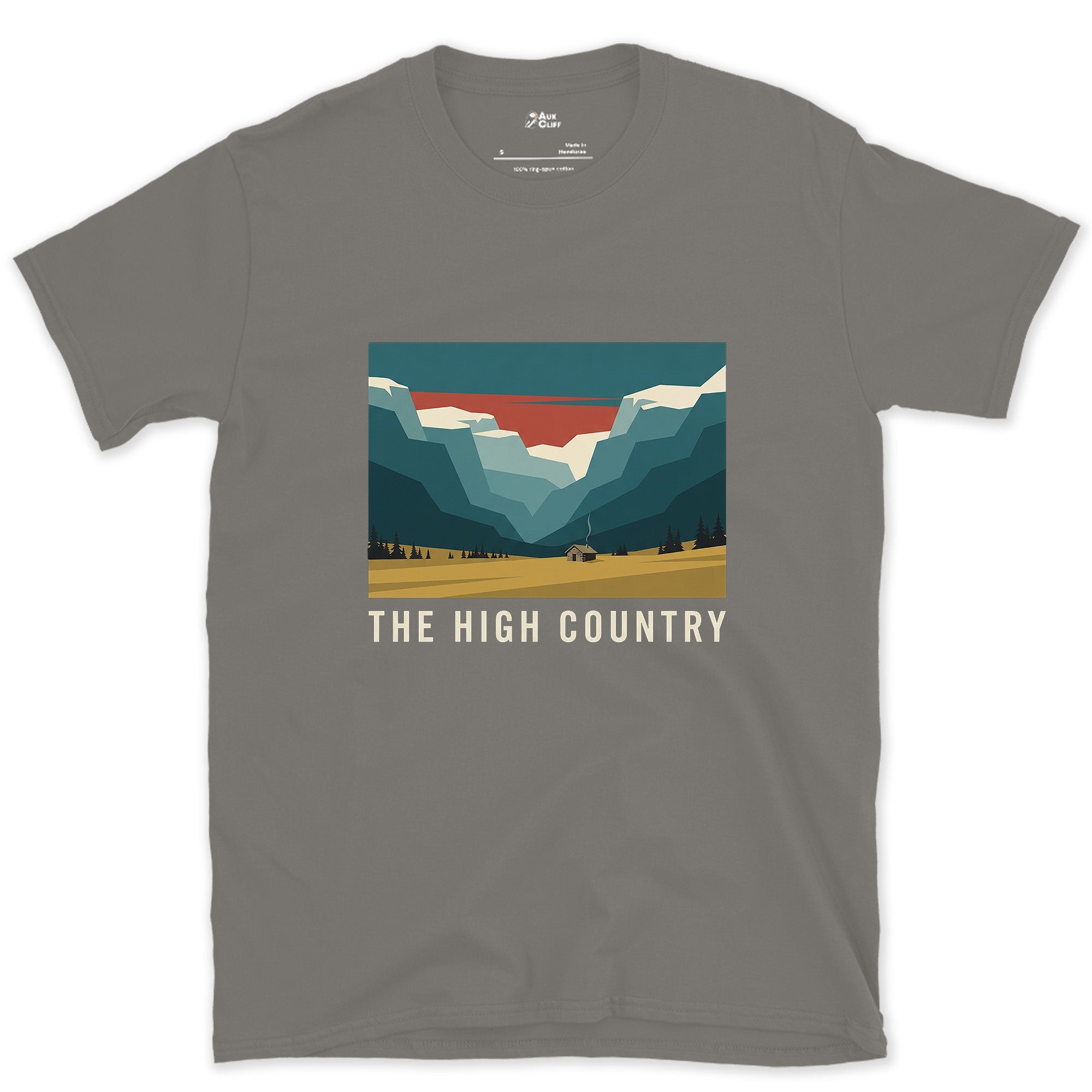 The High Country, Farmhouse in the Valley design on a Charcoal Gildan Softstyle t-shirt