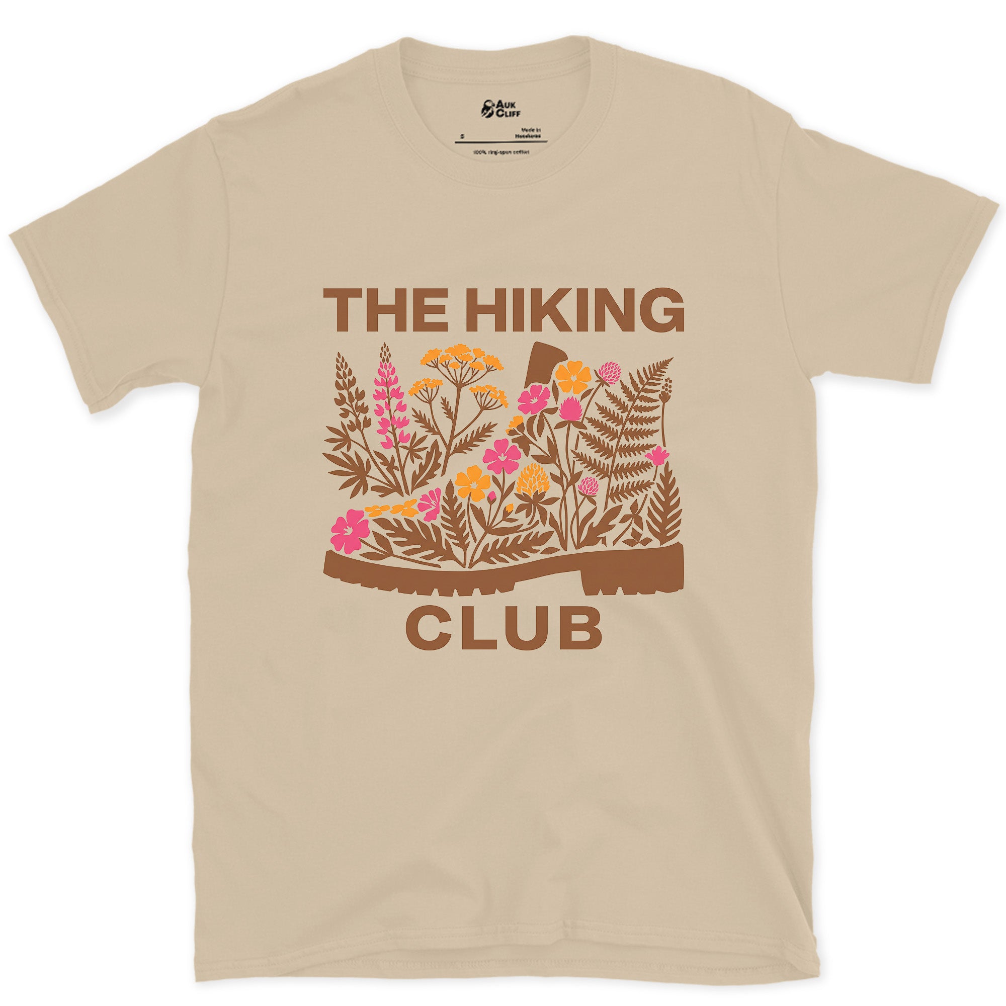 Wildflowers Taking Over the Boot design on a Sand Gildan Softstyle t-shirt