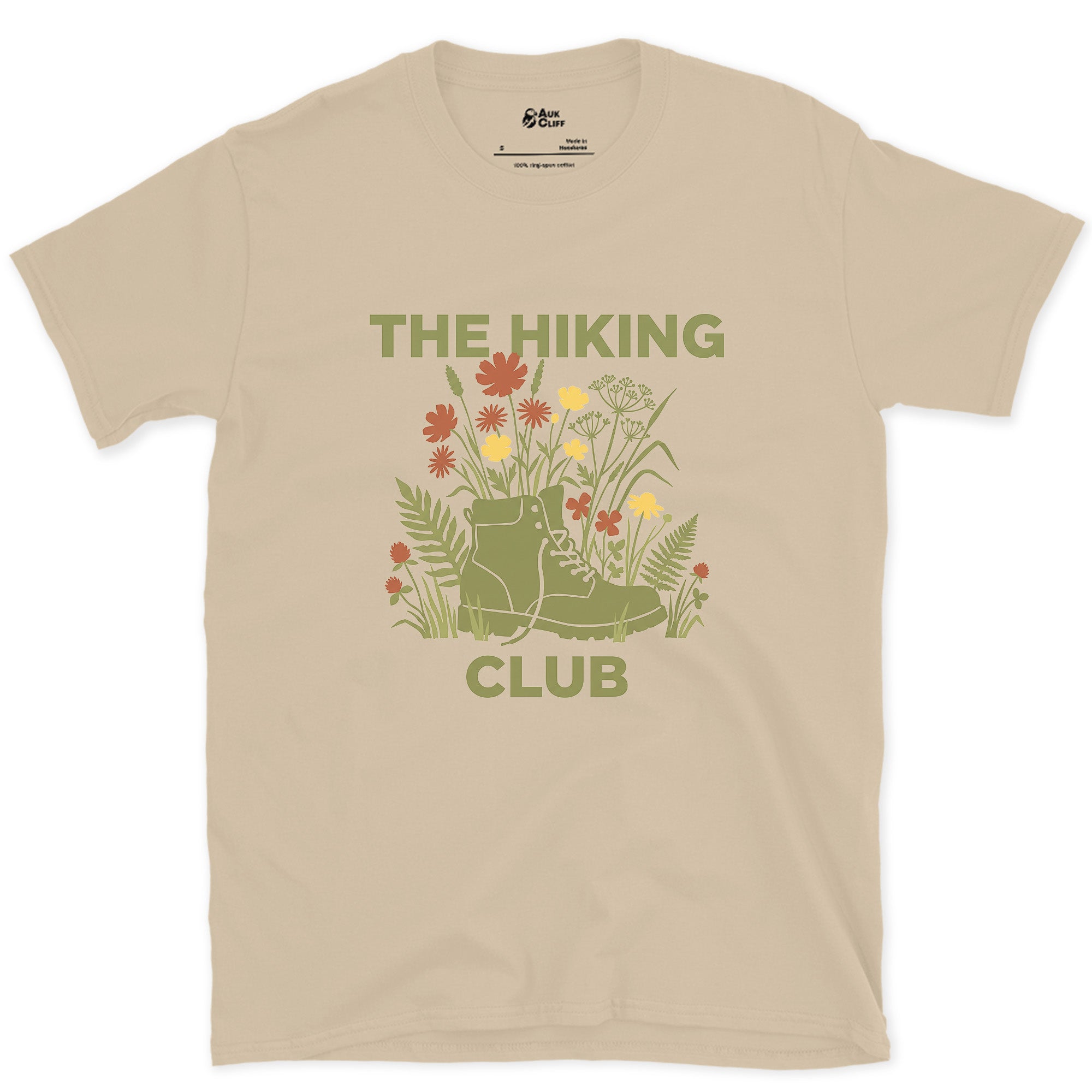 A Boot Buried in Orange and Yellow design on a Sand Gildan Softstyle t-shirt