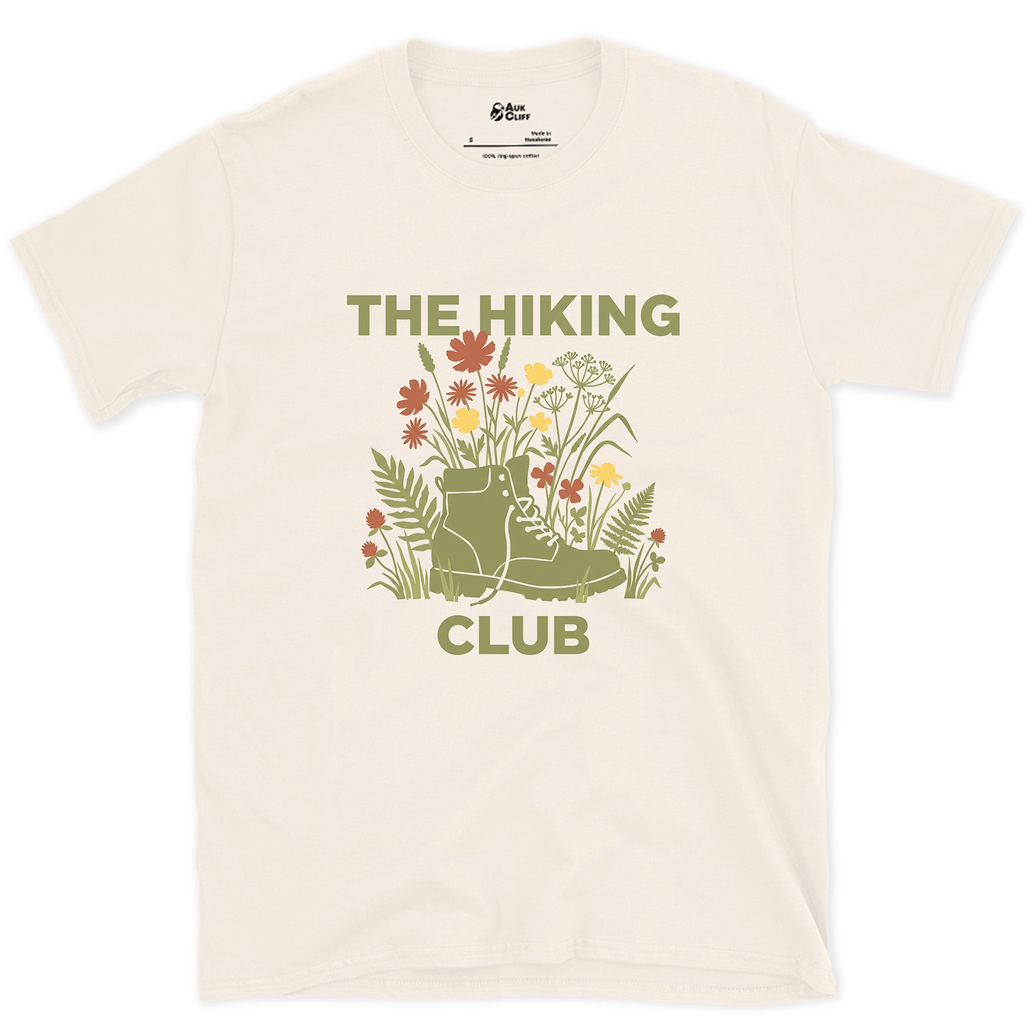 A Boot Buried in Orange and Yellow design on a Natural Gildan Softstyle t-shirt