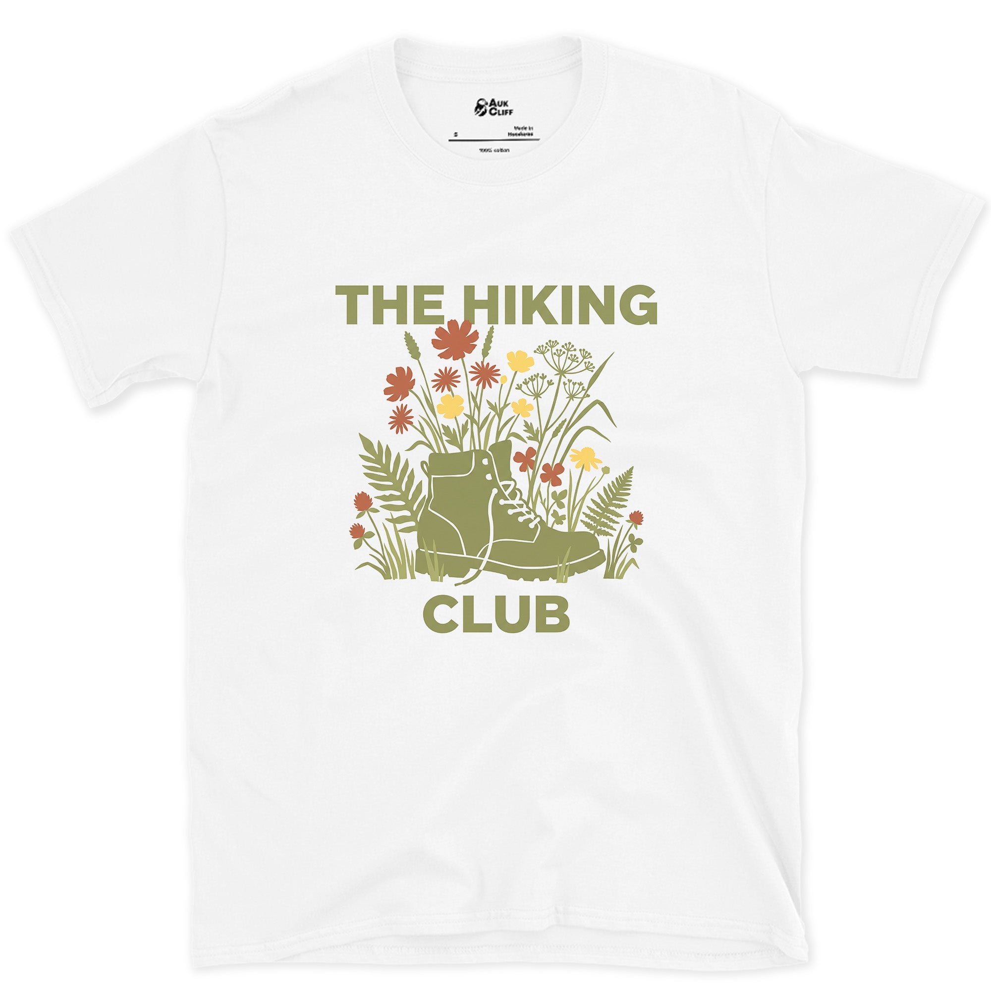 A Boot Buried in Orange and Yellow design on a White Gildan Softstyle t-shirt